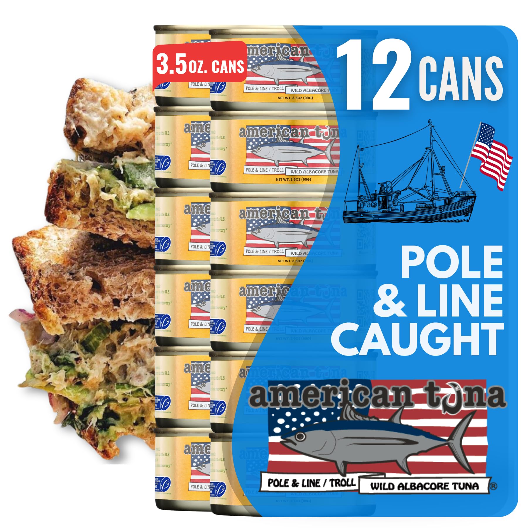Premium Wild Albacore Tuna - MSC Certified, Sustainably Pole & Line Caught, Sea Salt Added | 3.5 oz Cans (Pack of 12) | High Protein, Omega-3 Rich Canned Fish for Salads, Sandwiches & Healthy Meals | American Tuna Brand