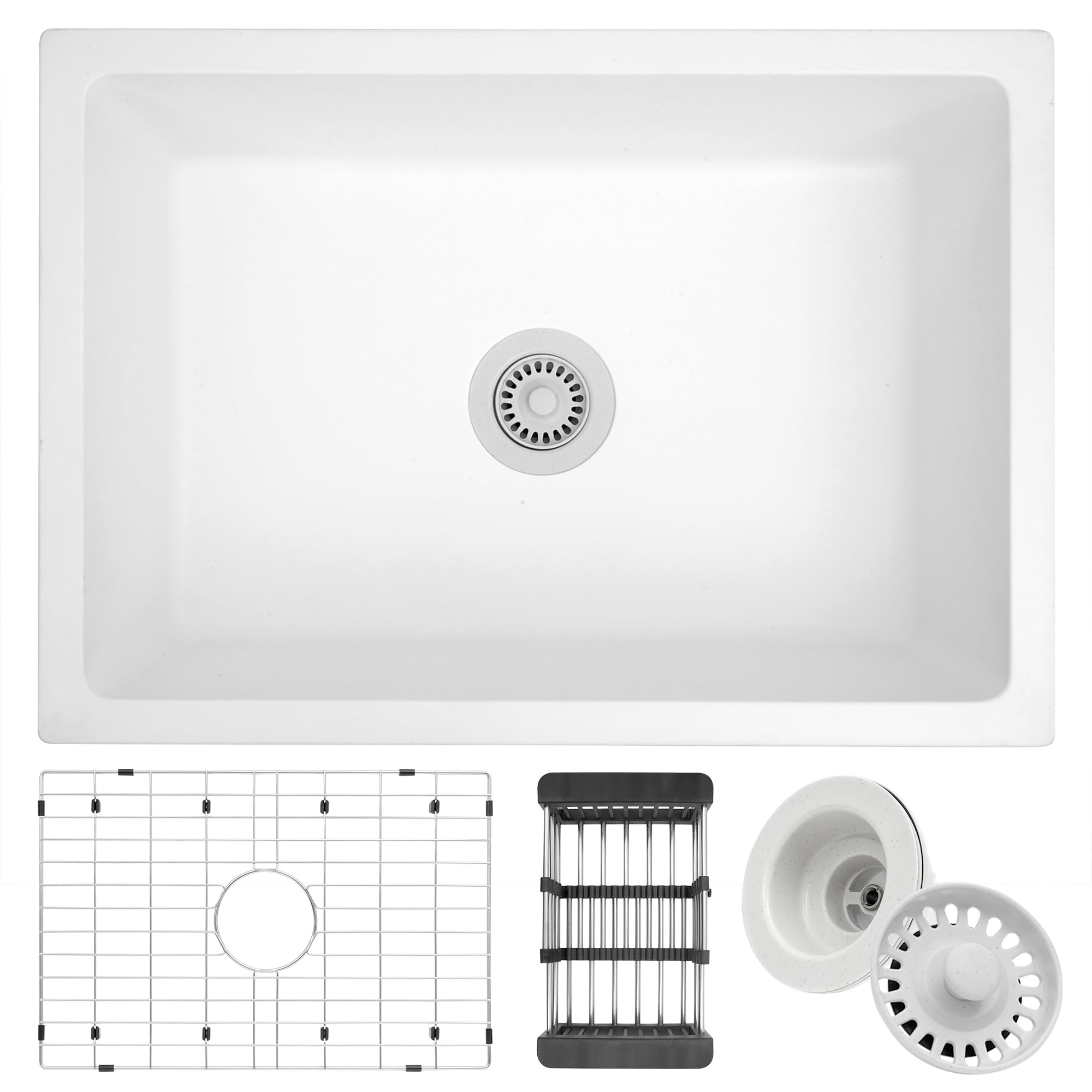 27 Inch White Granite Composite Undermount Kitchen Sink with Accessories | Durable MONSINTA Small Kitchen Sink for Modern Homes | Perfect for Food Prep, Dishwashing & Stylish Kitchen Upgrades