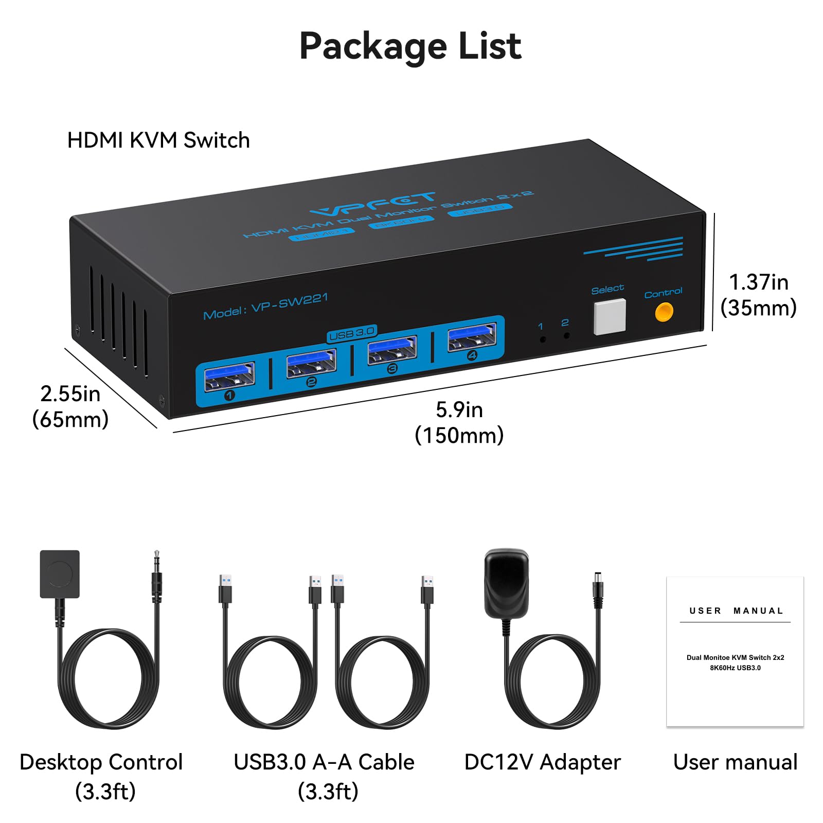 8K60Hz HDMI KVM Switch for 2 Computers 2 Monitors - 4K120Hz Support, 4-Port USB 3.0 Hub, Includes External Wired Controller, 12V DC Adapter & 2x USB 3.0 Cables - Perfect for Home Office, Gaming & Multi-Tasking Workstations