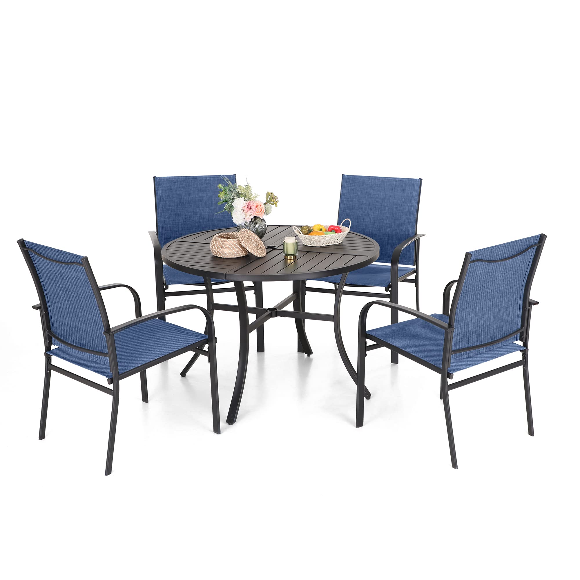 5-Piece Outdoor Dining Set - Round Metal Patio Table with 4 Blue Chairs for 4 People | Perfect for Garden, Backyard, Deck, Poolside & Outdoor Entertaining