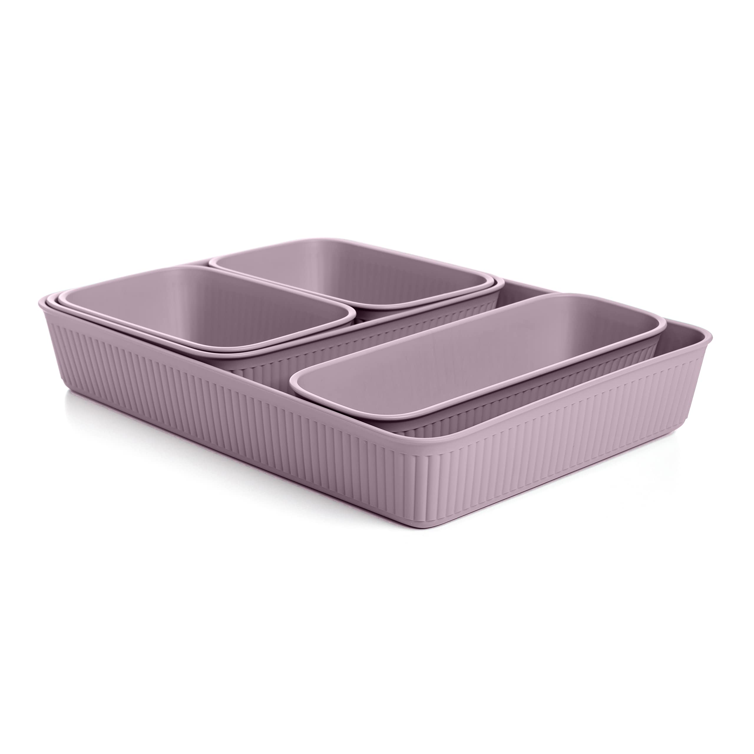 Superio Ribbed Collection - 5-Pack Decorative Plastic Drawer Organizer Trays in Lilac Purple, Open Storage Bins for Home & Office - Perfect for Closet Shelves, Desk Drawers & Bathroom Organization