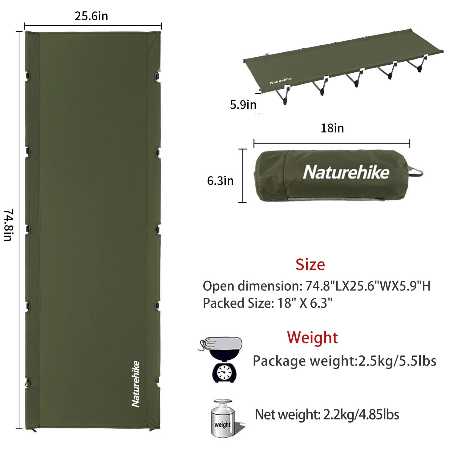 Naturehike Ultralight Folding Camping Cot Bed - Portable Compact Sleeping Cot for Adults, Supports 330 lbs - Perfect for Camping, Hiking, Backpacking & Outdoor Adventures
