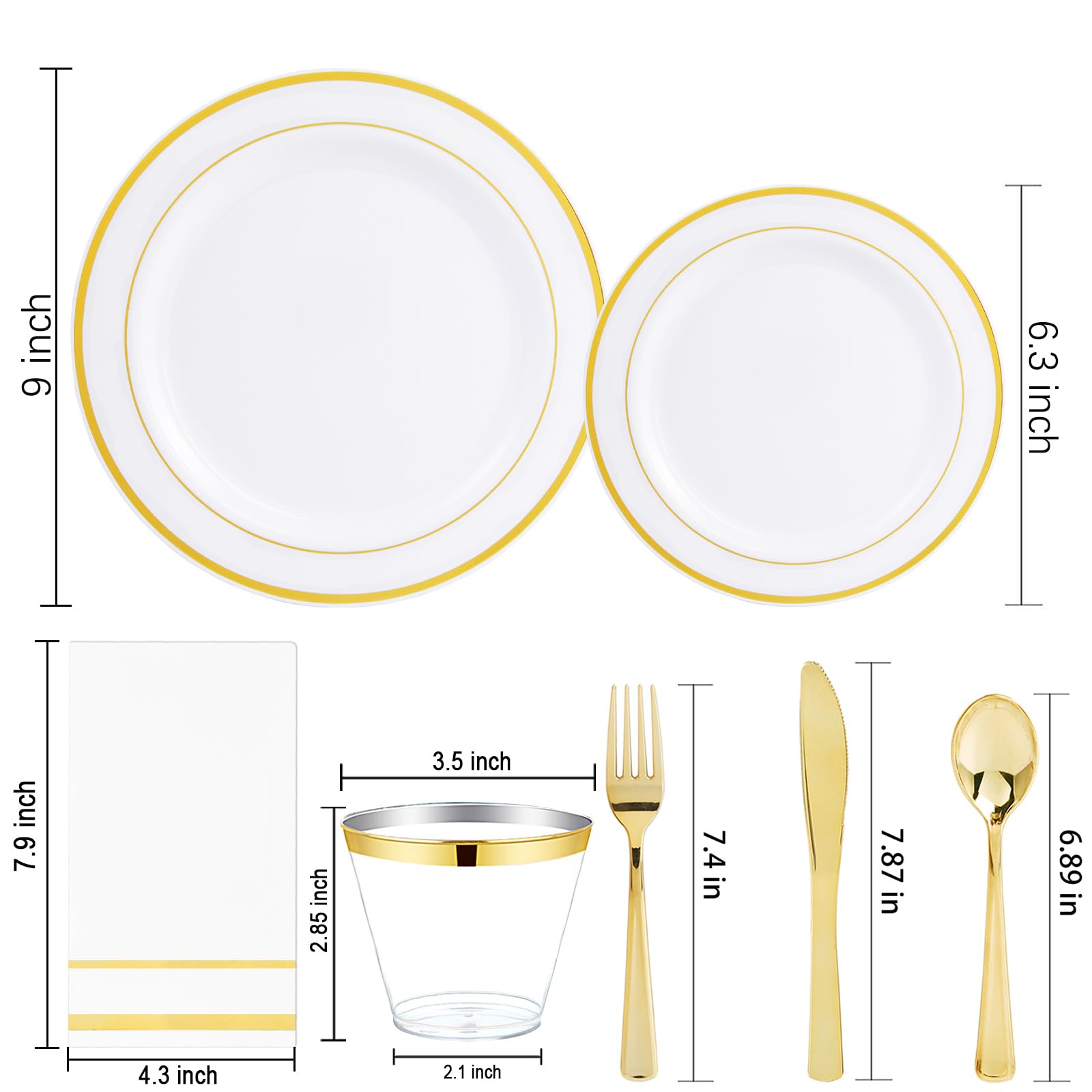 350-Piece Gold Plastic Dinnerware Set - 50 Gold Dinner Plates, 50 Salad Plates, 150 Silverware, 50 Napkins & 50 Cups - Disposable Party Tableware for Weddings, Birthdays & Special Events - Elegant & Convenient for Large Gatherings