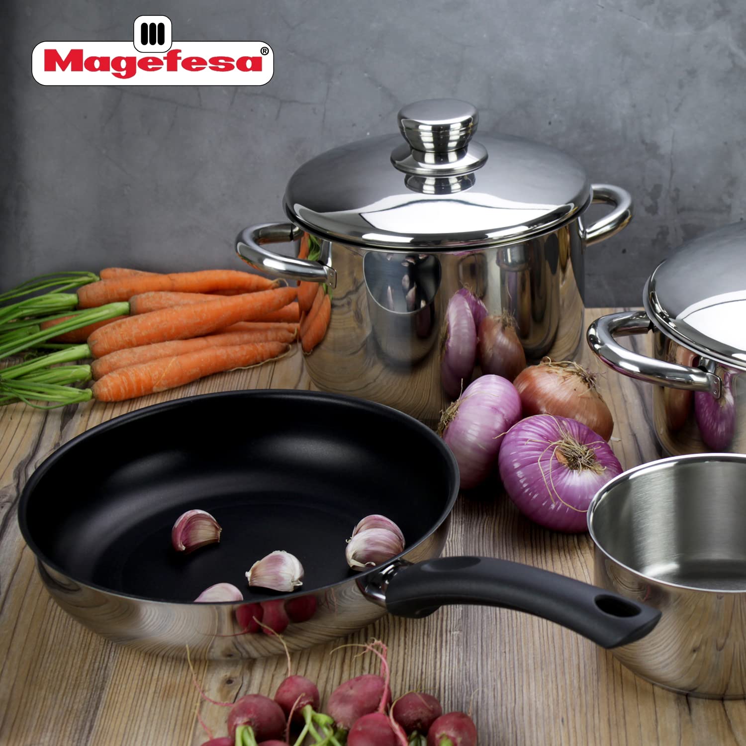 MAGEFESA 6-Piece Stainless Steel Cookware Set for Couples - Includes Stockpot, Dutch Oven, Saucepan & Deep Fry Pan - Induction Compatible for All Stovetops - Easy Clean & Dishwasher Safe - Perfect for Family Cooking, Meal Prep & Entertaining