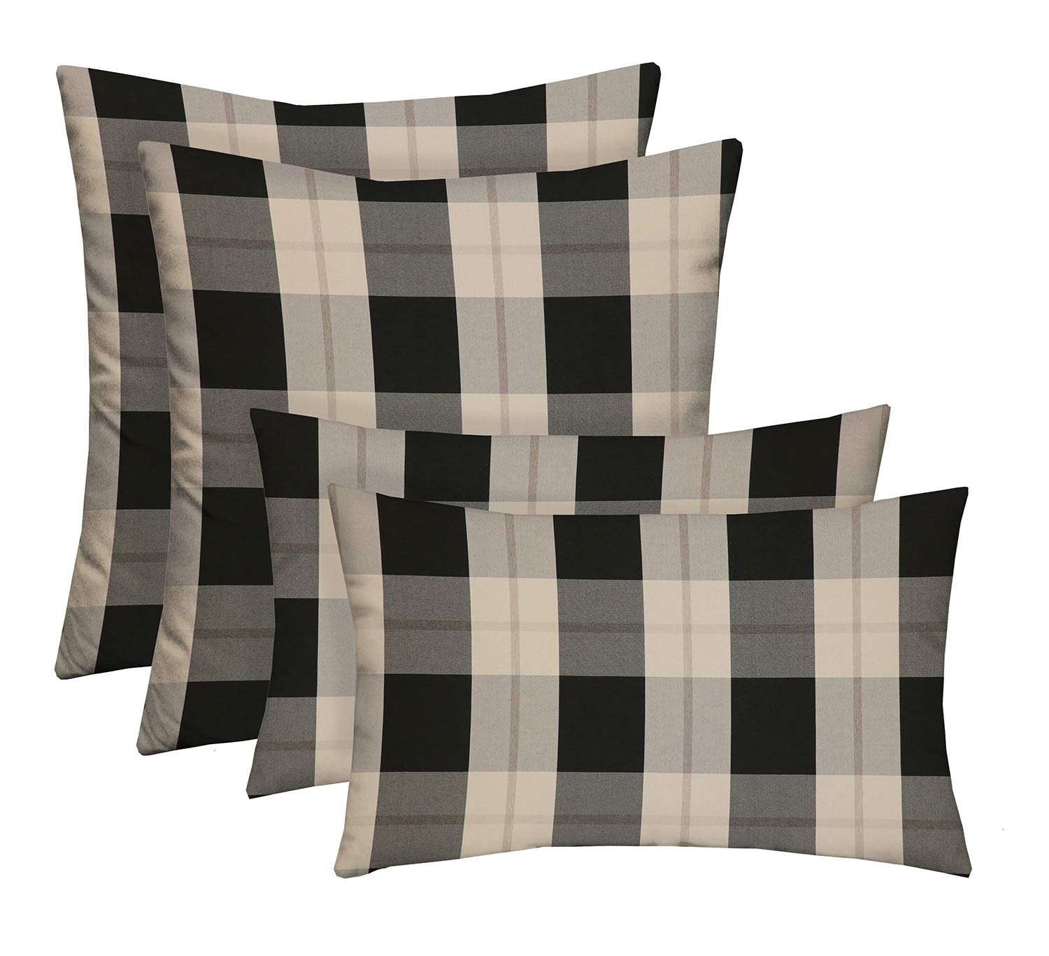 RSH DECOR: Set of 4 Lumbar & Square Throw Pillows - 20x12 & 17x17 Inches - All-Weather Spun Fabric - Waterproof & Fade-Resistant - Outdoor Accent Pillows for Patio, Sofa, Deck & Garden Furniture - Branson Pewter Plaid Design