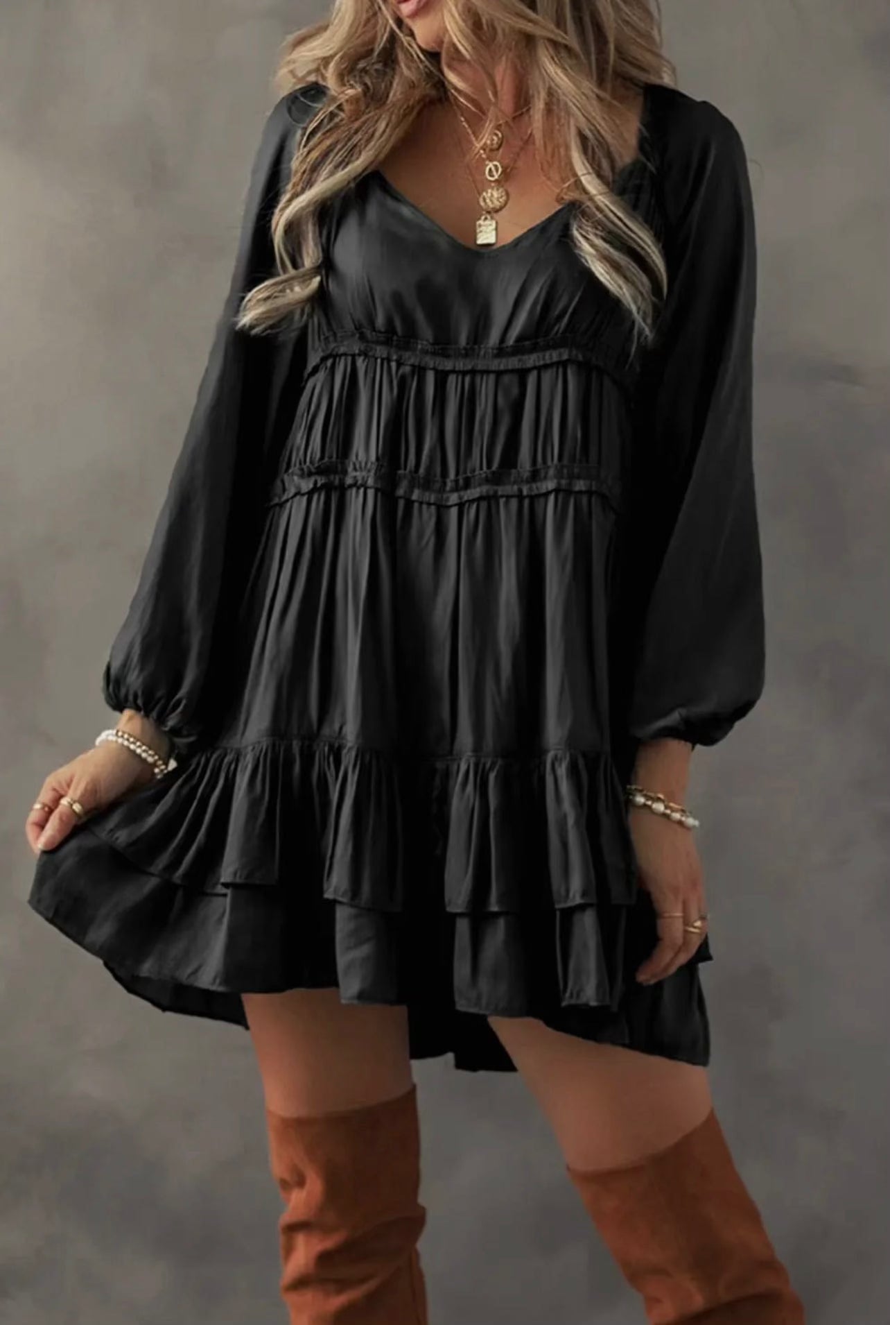 Elegant Black Satin Tiered Dress for Women - Formal Evening Gown & Special Occasion Party Wear