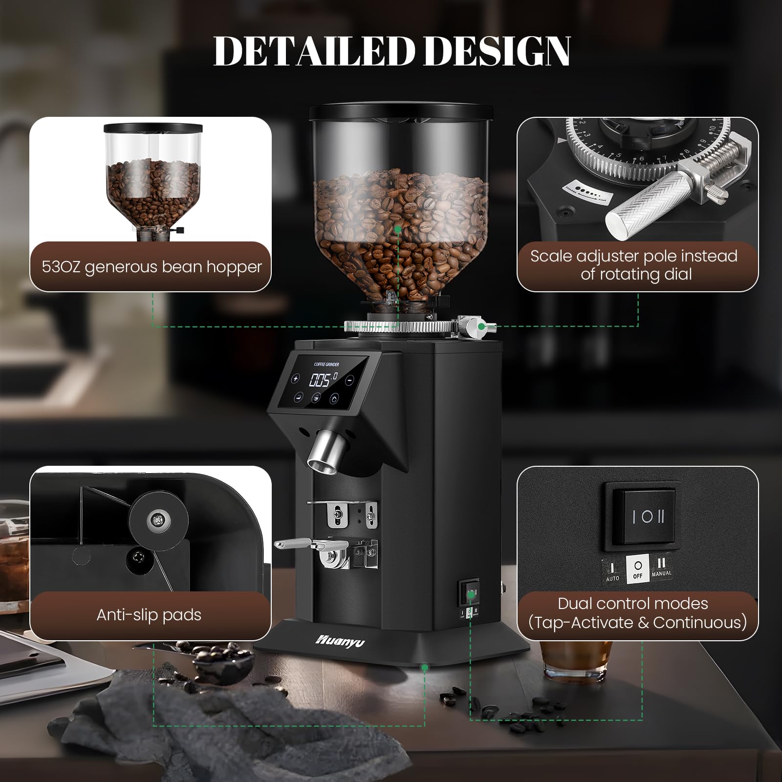 Huanyu Professional Electric Coffee Grinder - 74mm Flat Burr, 53oz Bean Hopper, 15 Infinite Grinding Settings, Touch Screen Display (Black) - Perfect for Espresso, French Press & Pour Over Coffee Brewing at Home or Cafe