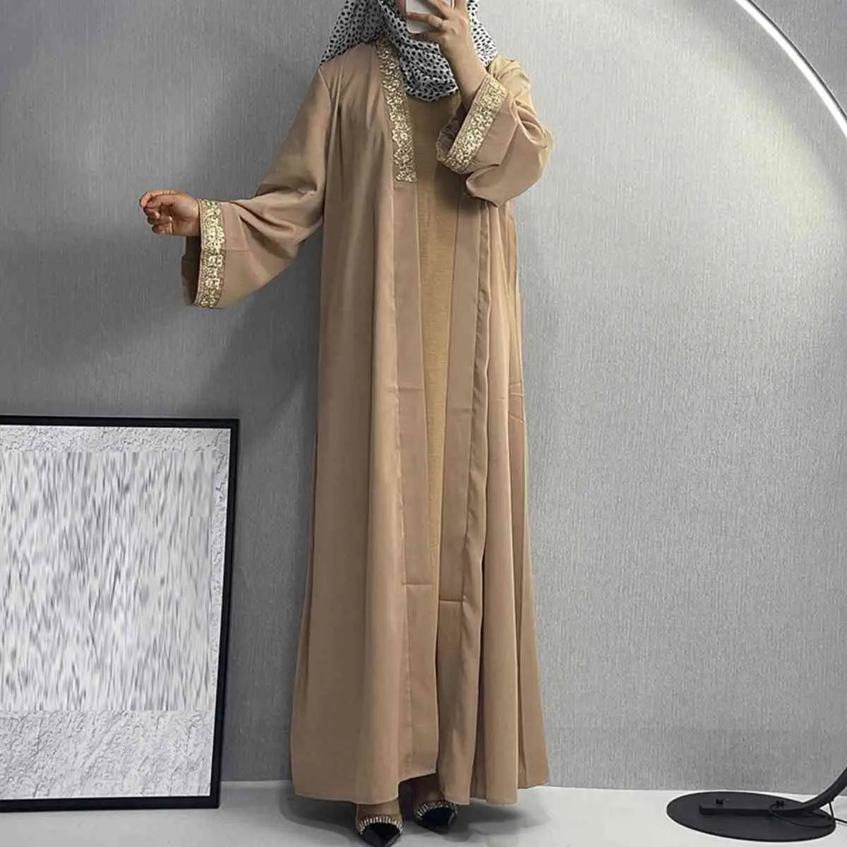 Elegant Broken Twill Embroidery Muslim Women's Cardigan Open Abaya Dress - Perfect for Prayer, Mosque & Special Occasions