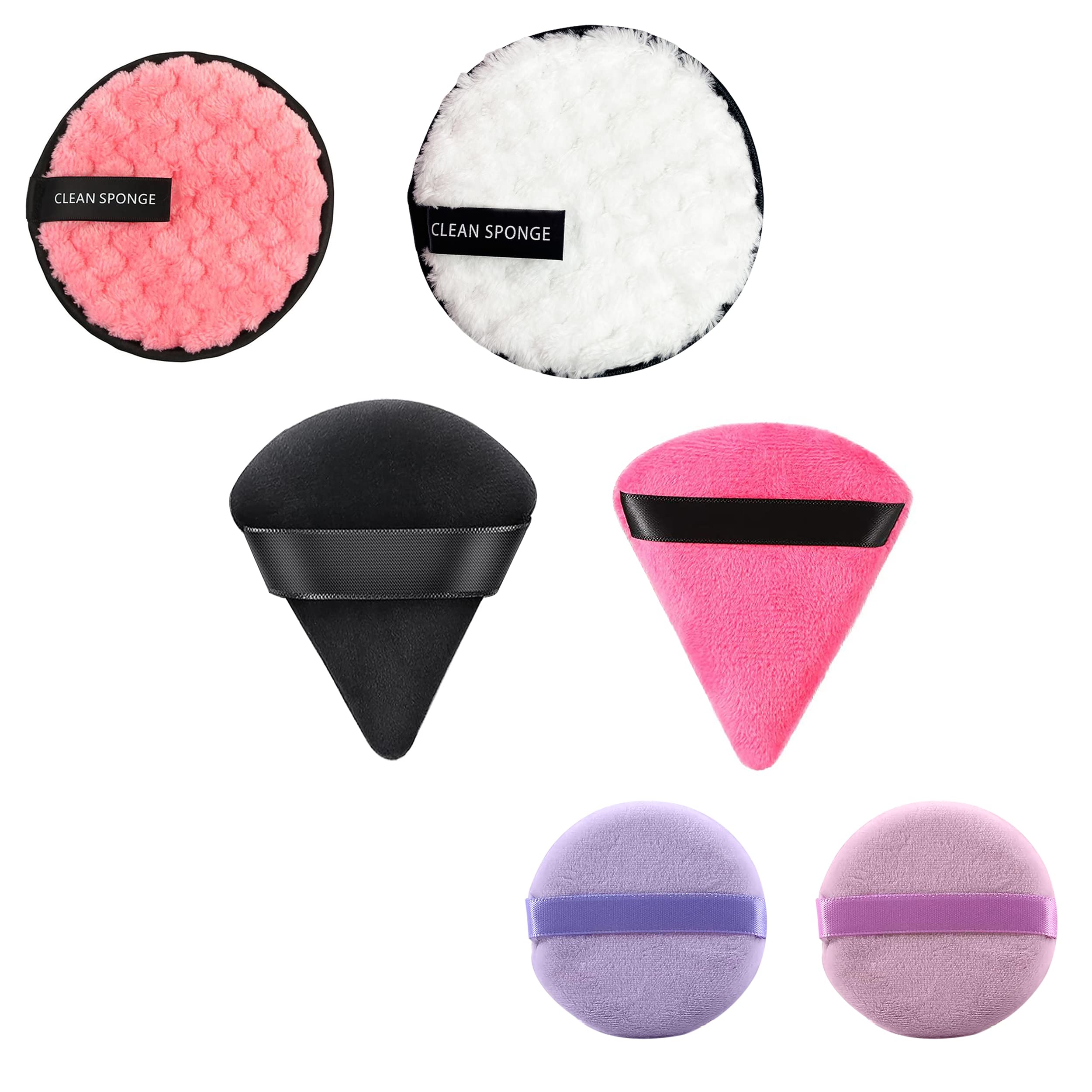 MeeTo 2 Reusable Round Makeup Remover Pads + 2 Powder Puff & 2 Cotton Puffs - Soft Triangle Makeup Sponges for Wet/Dry Use - Eco-Friendly Face Makeup Applicators (6-Pack, Random Colors) - Perfect for Daily Makeup Removal & Flawless Foundation Application