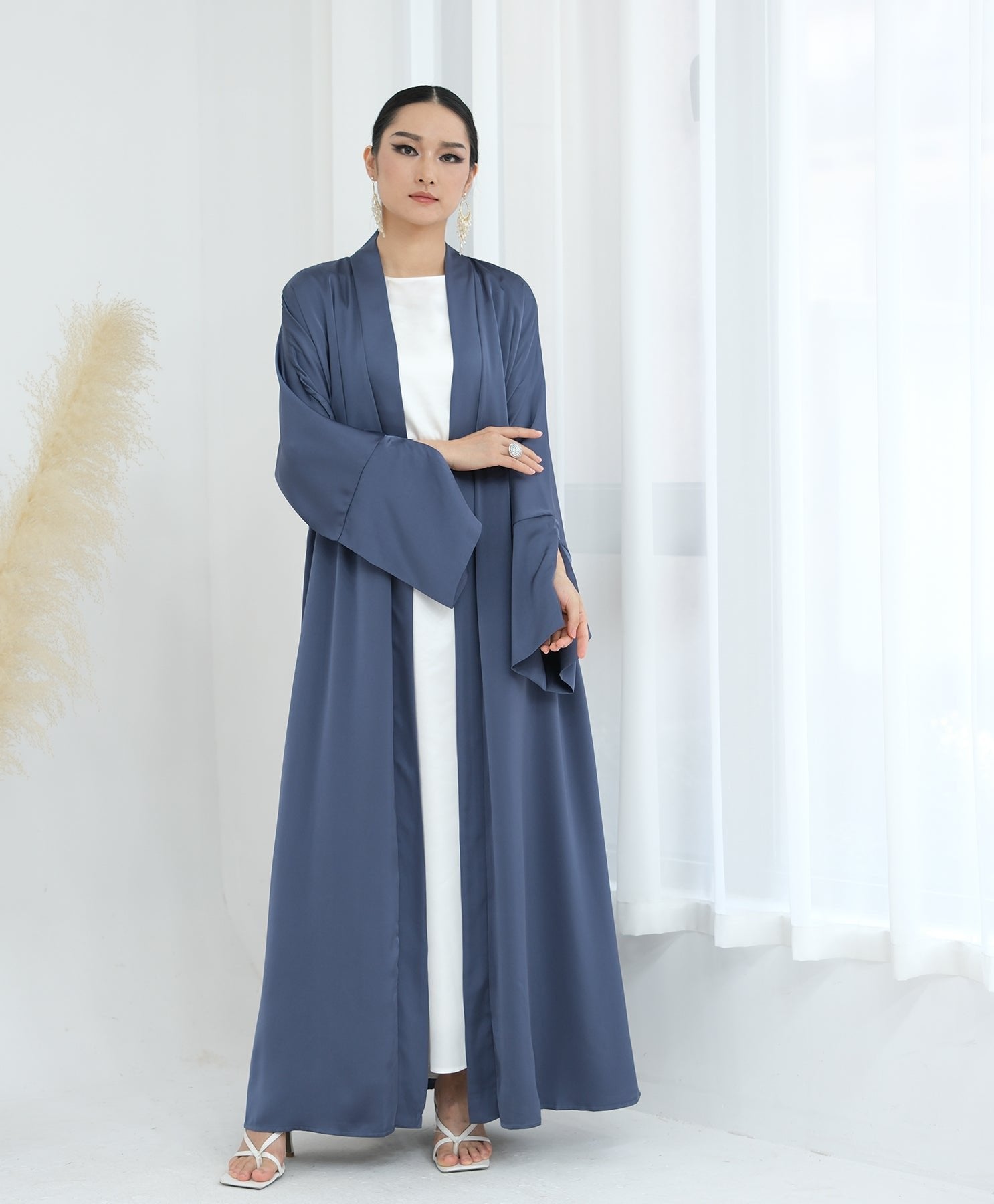 Lavinia Satin Open Abaya Denim - Elegant Muslim Prayer Dress for Women | Perfect for Prayer, Mosque, and Special Occasions