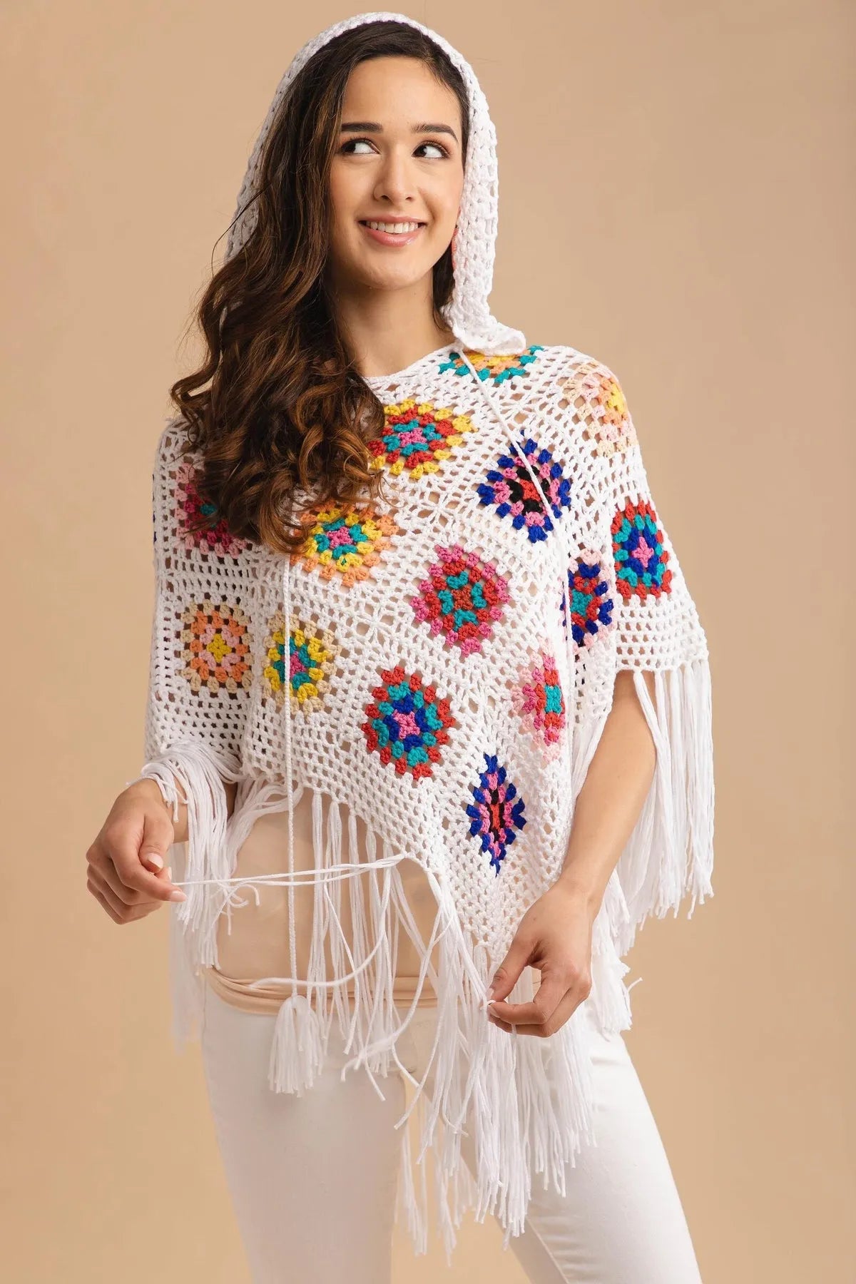Elegant White Square Crochet Fringe Poncho Shawl for Women - Boho Chic Beach Cover Up, Festival Outfit & Casual Layering Piece