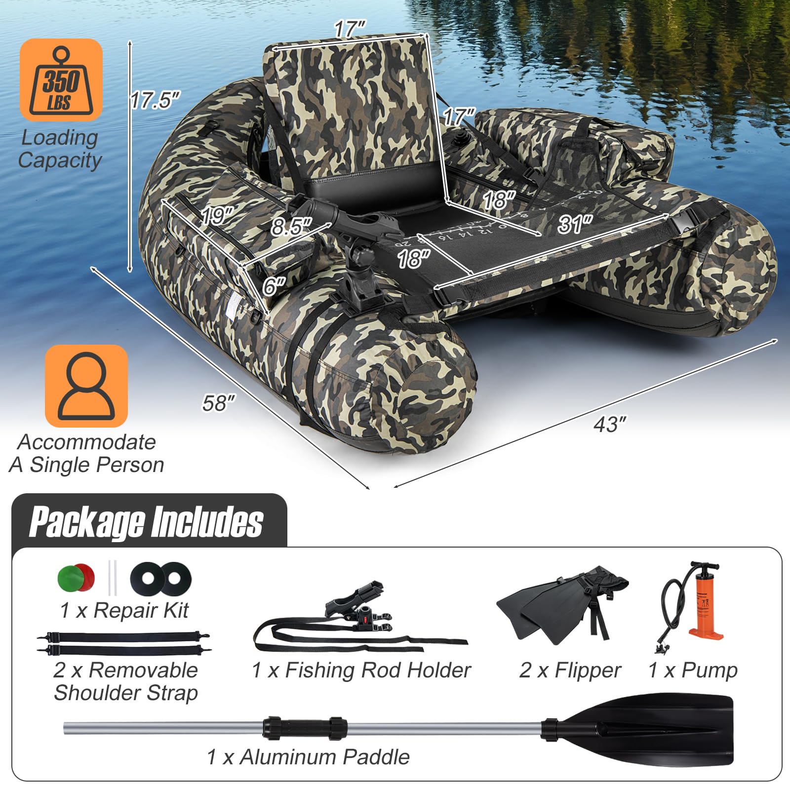GYMAX 350lbs Inflatable Fishing Float Tube with Fish Ruler, Rod Holder, Pump & Accessories - Portable Belly Boat for Anglers with Adjustable Straps & Storage Backpack - Perfect for Lake, River and Fly Fishing Adventures