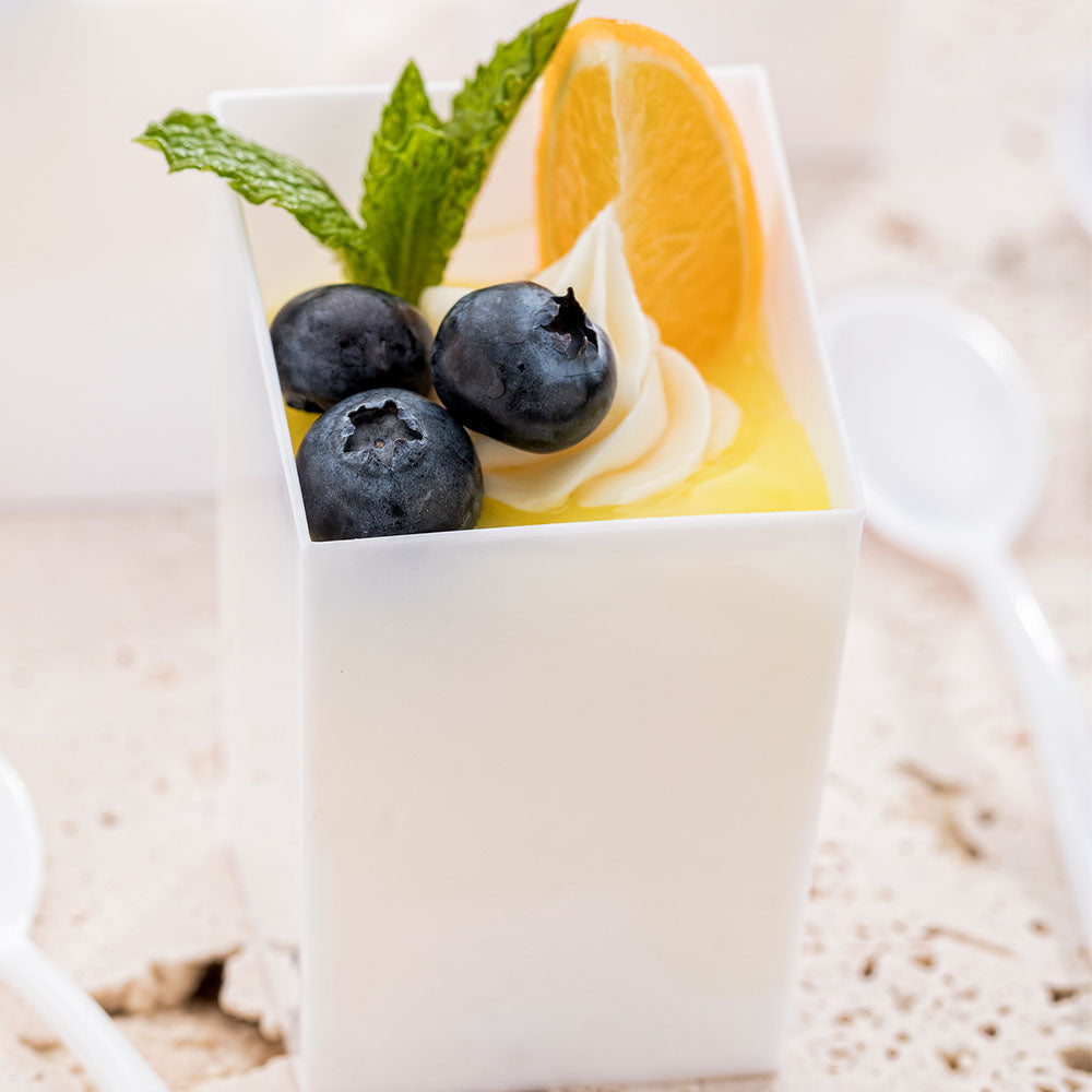 100 Pack 3 oz Square White Plastic Incline Cups with 100 Silver Mini Forks - Perfect for Party Desserts, Cocktail Appetizers & Wedding Receptions