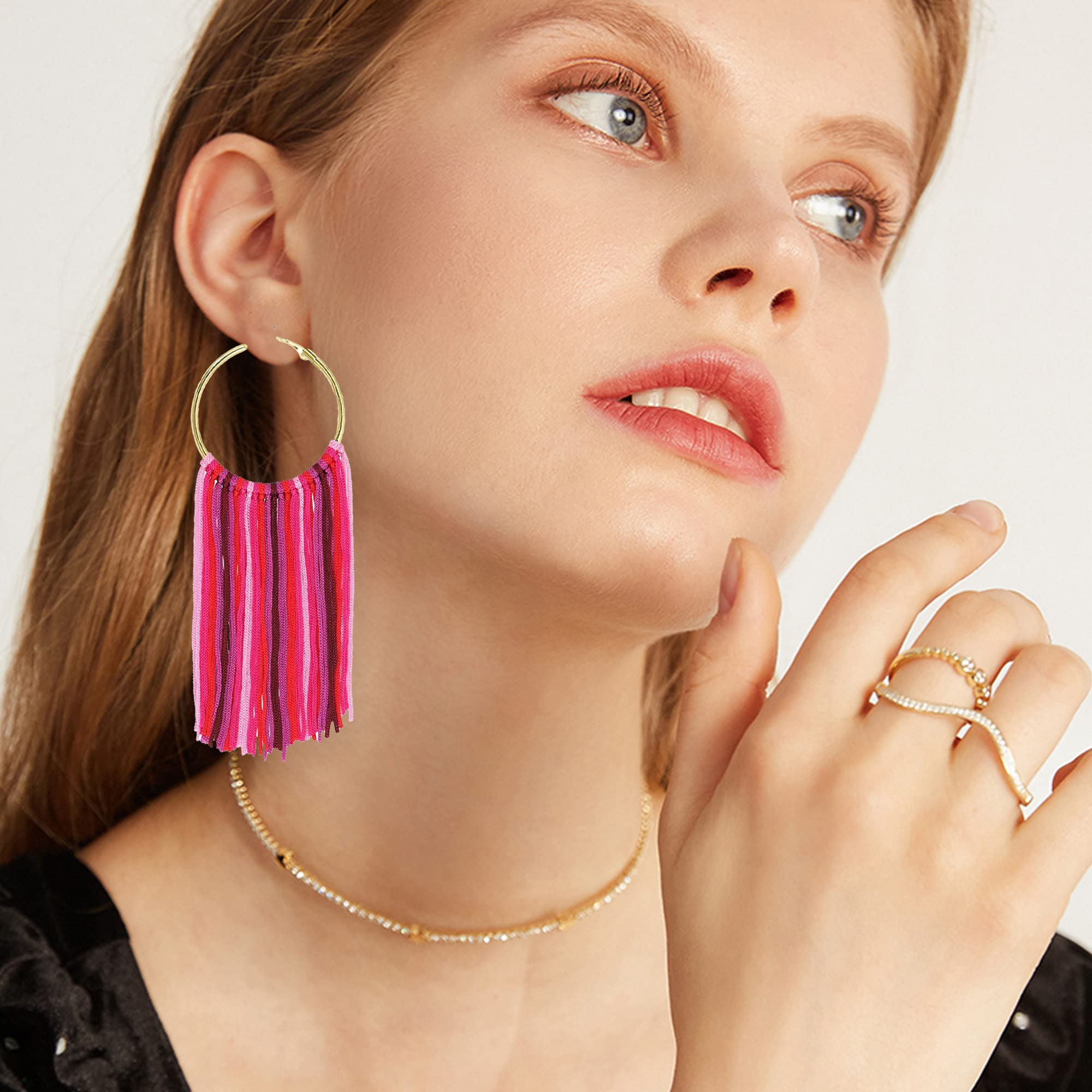 Boho Lightweight Long Round Hoop Statement Earrings with Tassels & Fringe Dangle - Trendy Women's Jewelry for Parties, Weddings & Everyday Wear