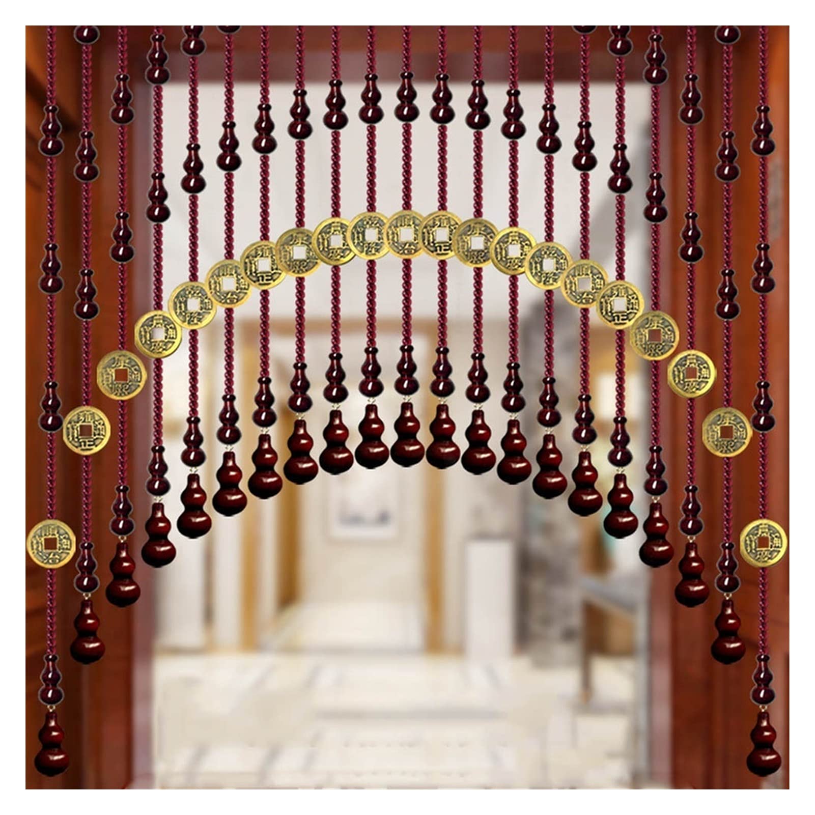 YYFANG Beaded Curtain Partition - Handmade Copper Coin Peach Wood Gourd Crystal Beads for Living Room, Bedroom, Kitchen, Balcony & Study - Feng Shui Home Decor (Brown, 51