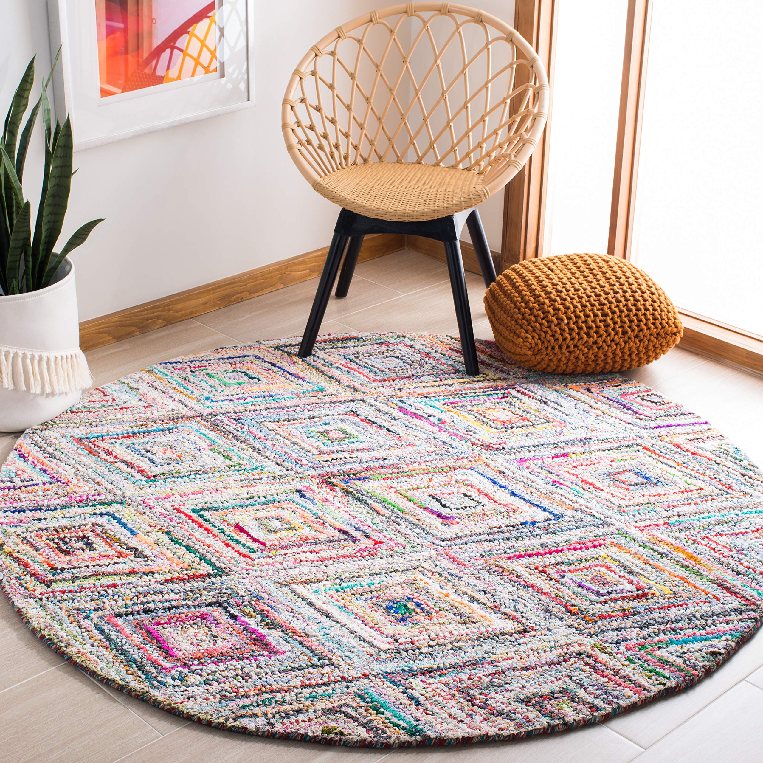 SAFAVIEH Nantucket Collection 8' Round Handmade Bohemian Diamond Cotton Area Rug - NAN314A - Perfect for Living Room, Bedroom & Boho Home Decor