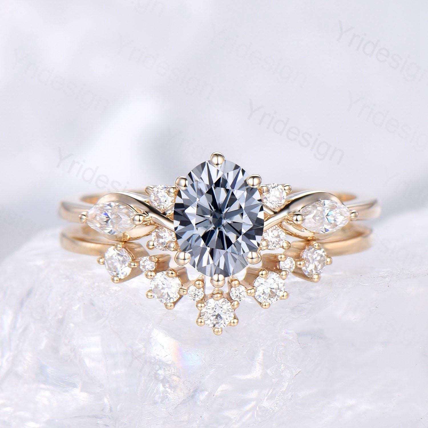 1 Carat Oval Gray Moissanite Engagement Ring Set with Cluster Marquise Diamonds - Unique Twisted Wedding Band Set for Women, Bridal Jewelry Gift for Her, Perfect for Proposals, Anniversaries & Special Occasions