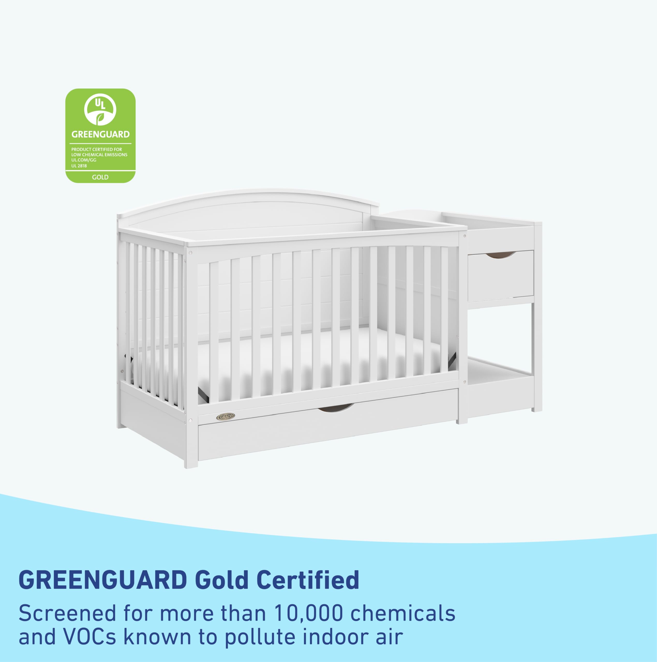 Graco Bellwood 5-in-1 Convertible Crib & Changer with Storage Drawer (White) - GREENGUARD Gold Certified, Converts to Toddler Bed & Full Bed, Nursery Furniture for Baby & Kids Room, Modern & Space-Saving Design