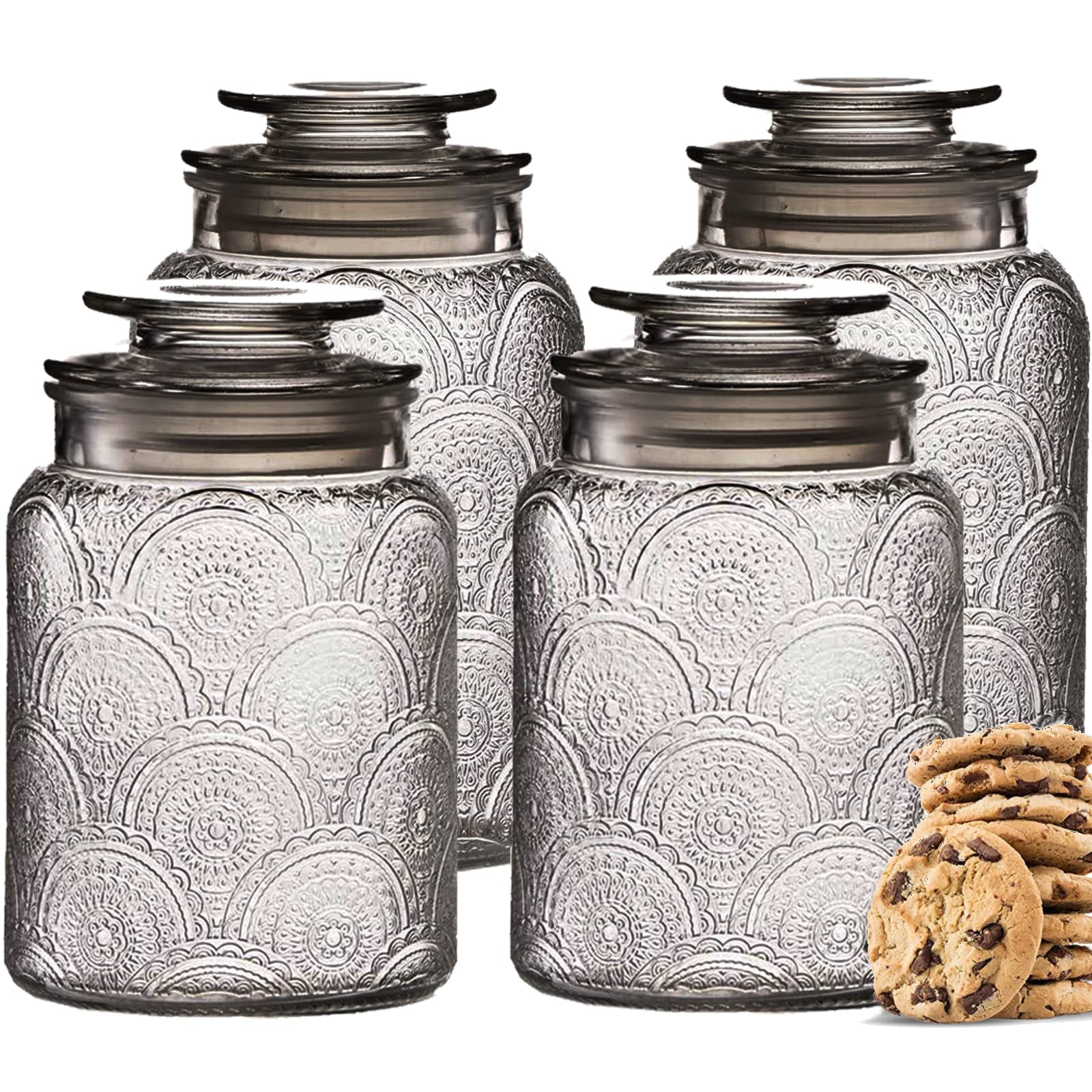 4-Piece Vintage Glass Canister Set with Airtight Lids - Kitchen Pantry Storage Containers for Flour, Sugar, Coffee & Tea | Perfect for Countertop Organization & Home Decor