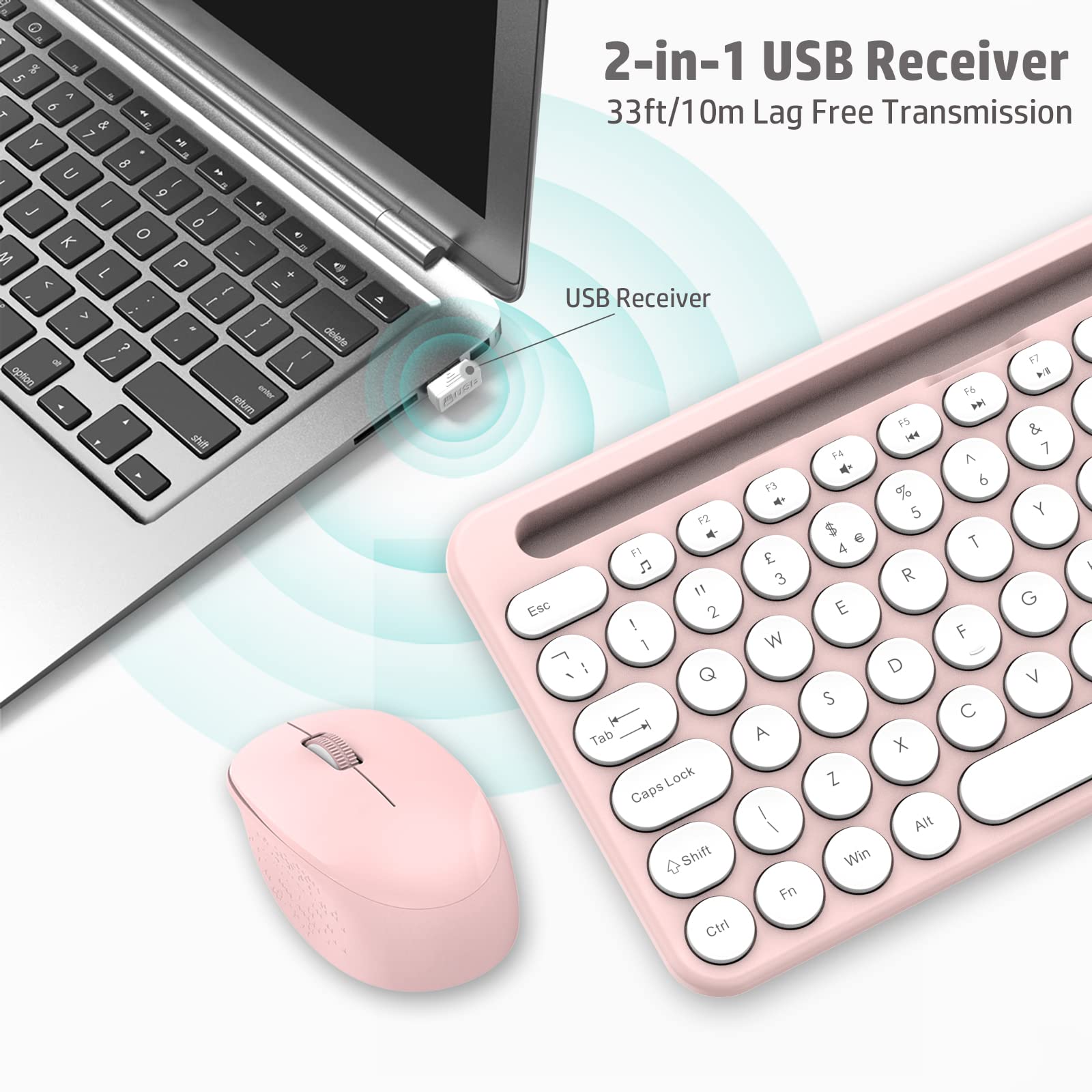 LeadsaiL Wireless Keyboard & Mouse Set with Holder - for Laptop, Tablet & Phone - Pink