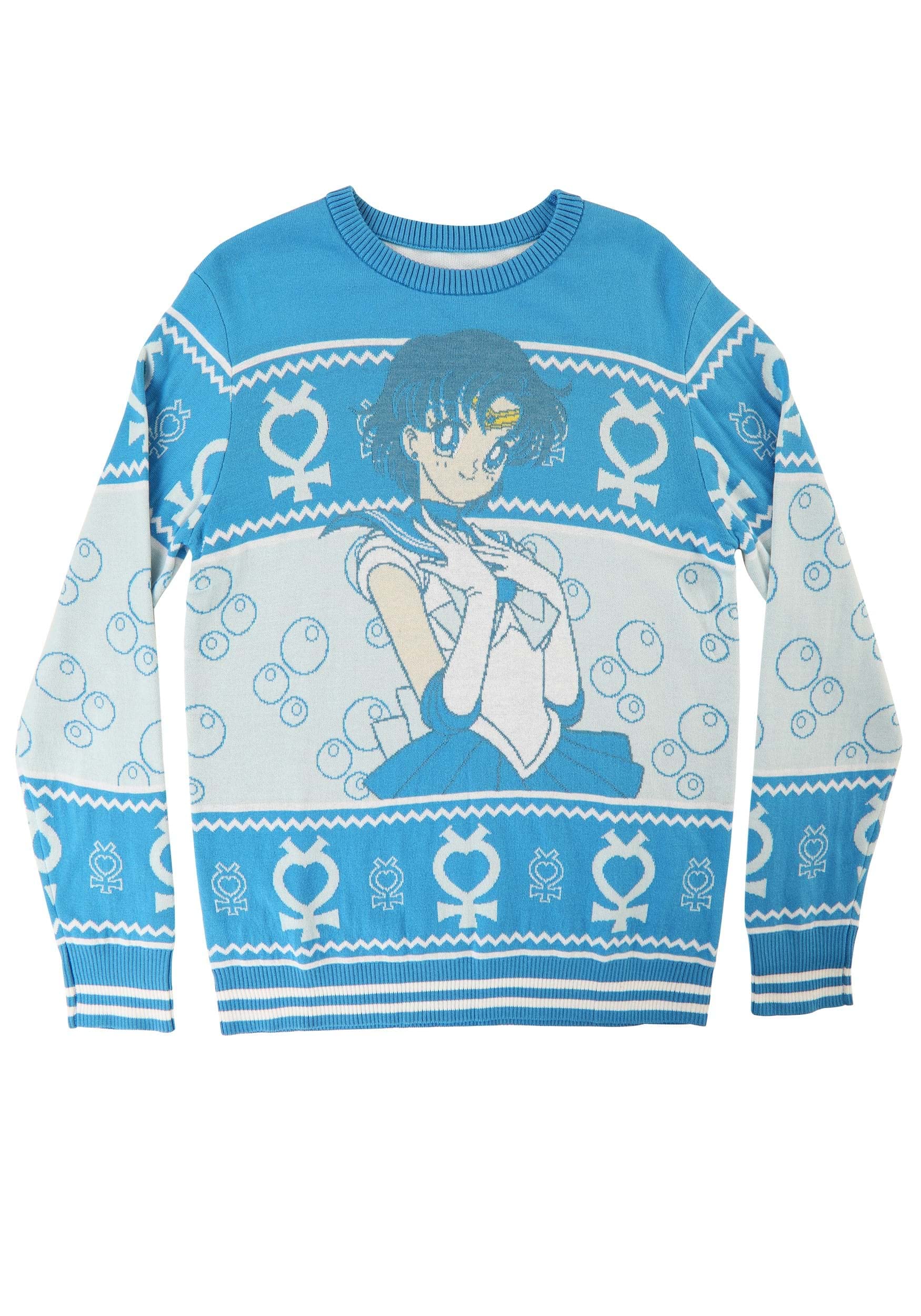 Adult Sailor Mercury Ugly Christmas Sweater | Japanese Anime Holiday Crewneck Sweatshirt | Festive Xmas Pullover for Cosplay, Anime Conventions & Holiday Parties