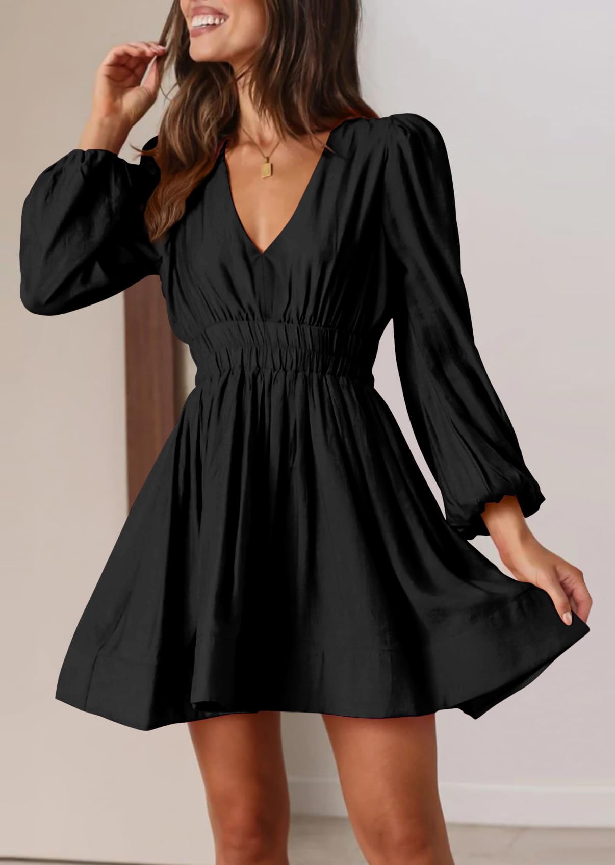 BWQ Women's Mini Dress - Long Sleeve Deep V Neck Sexy A-Line Elastic High Waist Flowy Dress for Party, Date Night & Special Occasions
