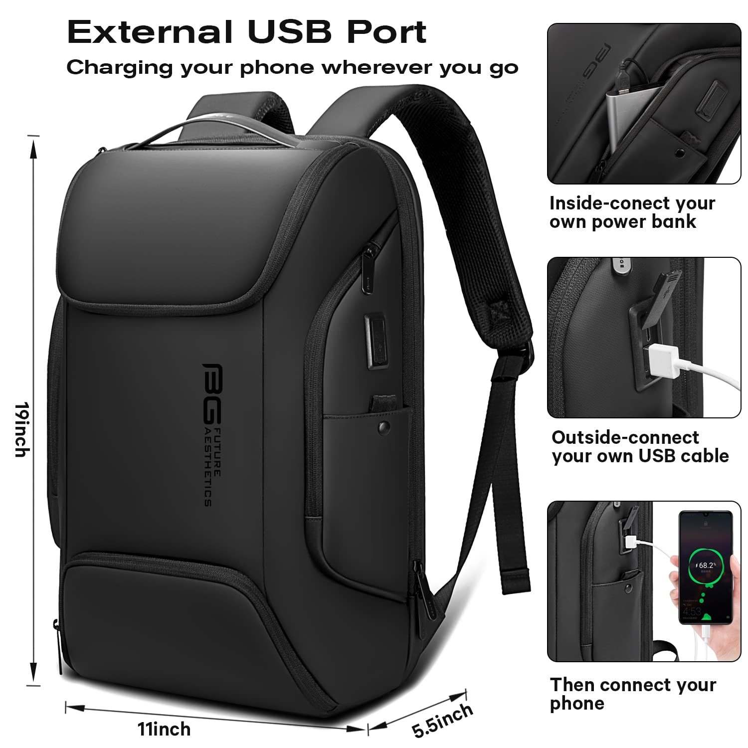 BANGE Business Laptop Backpack for Men & Women - 15.6 Inch Smart Commuter Backpack with USB Charging Port, Water Resistant & Anti-Theft Design - Perfect for Work, Travel & College (Black)