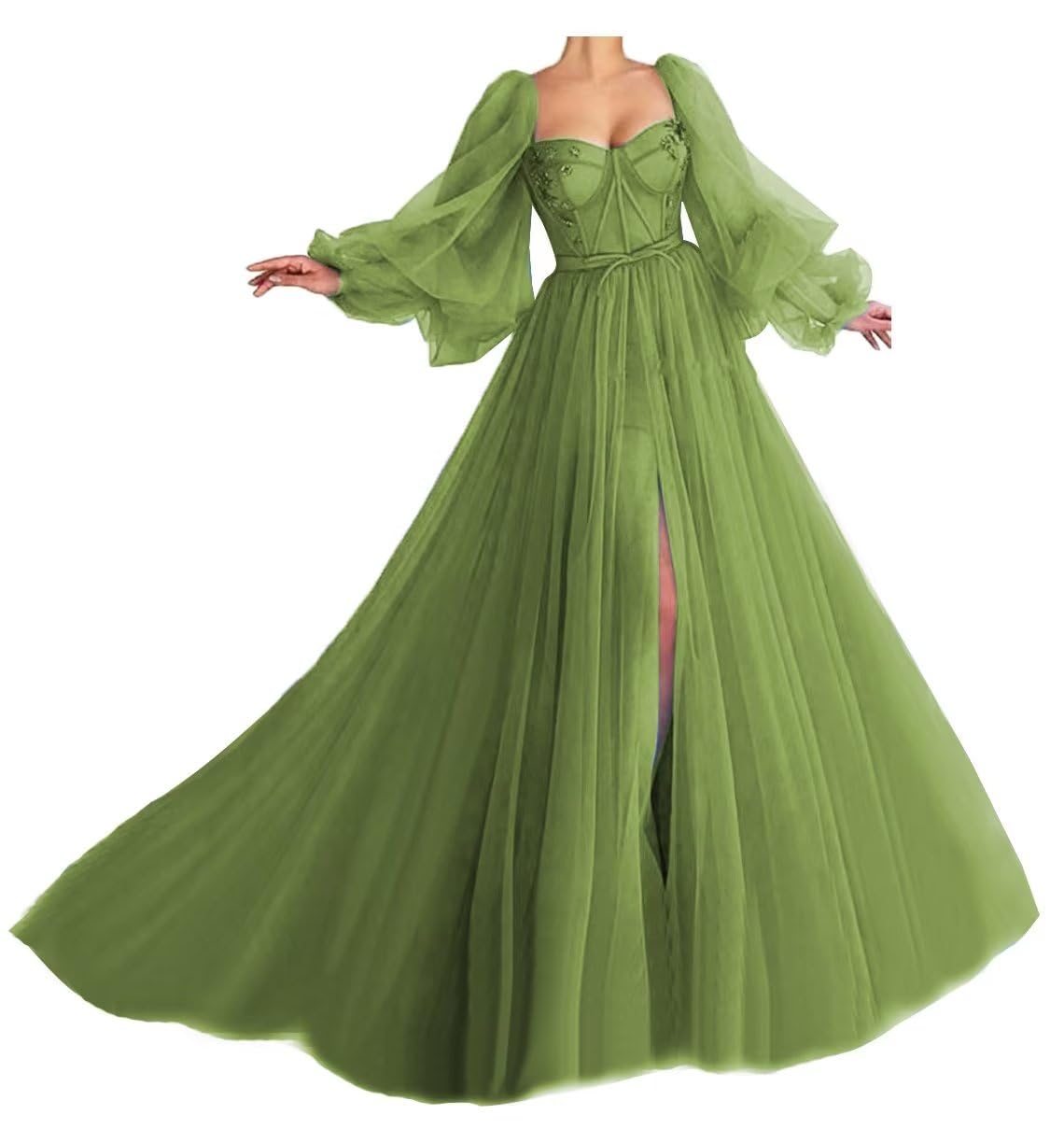 Elegant Olive Green Plus Size Tulle Ball Gown - Long Sleeve Prom Dress, Puffy Formal Evening Gown & Wedding Dress (Size 24) | Perfect for Homecoming, Quinceañera & Special Occasions
