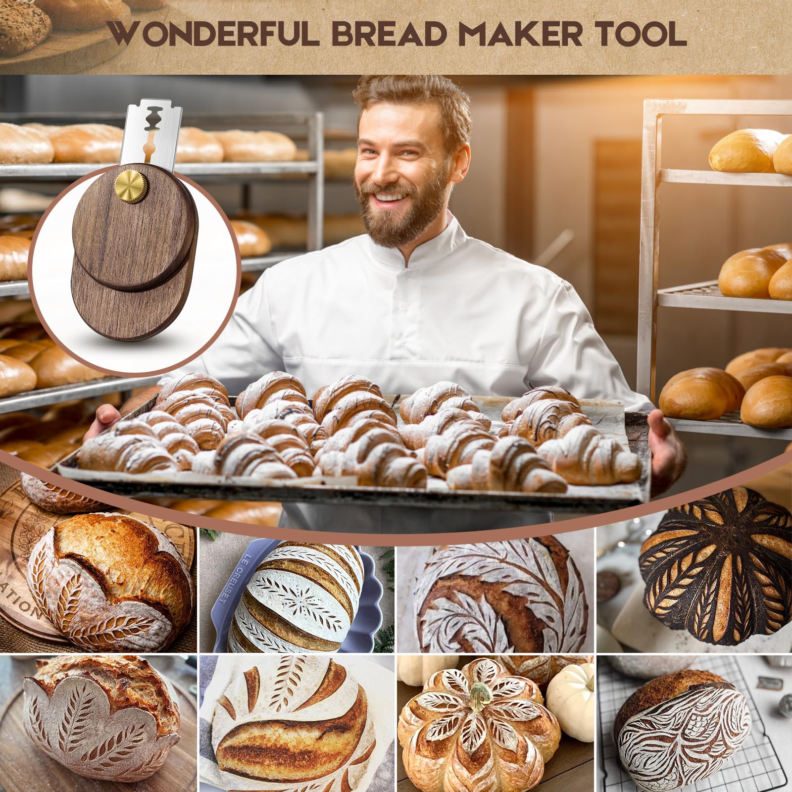 Premium Black Walnut Bread Lame - Professional Sourdough Scoring Tool with 5 Replaceable Razor Blades | Perfect for Artisan Bread Baking, Homemade Loaves & Baguette Shaping | Ideal for Bakers & Bread Making Enthusiasts