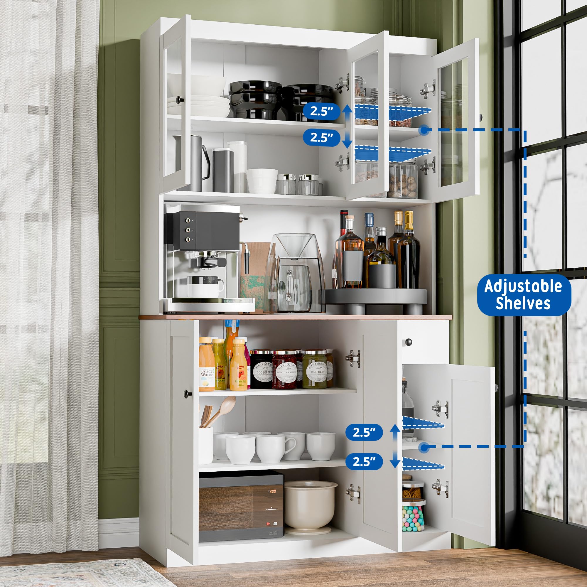 Modern White Cozy Castle Tall Kitchen Pantry Cabinet with Microwave Shelf - Freestanding Sideboard Cupboard with Storage Countertop & Drawers for Dining Room, Living Room - Perfect for Small Space Organization & Home Decor