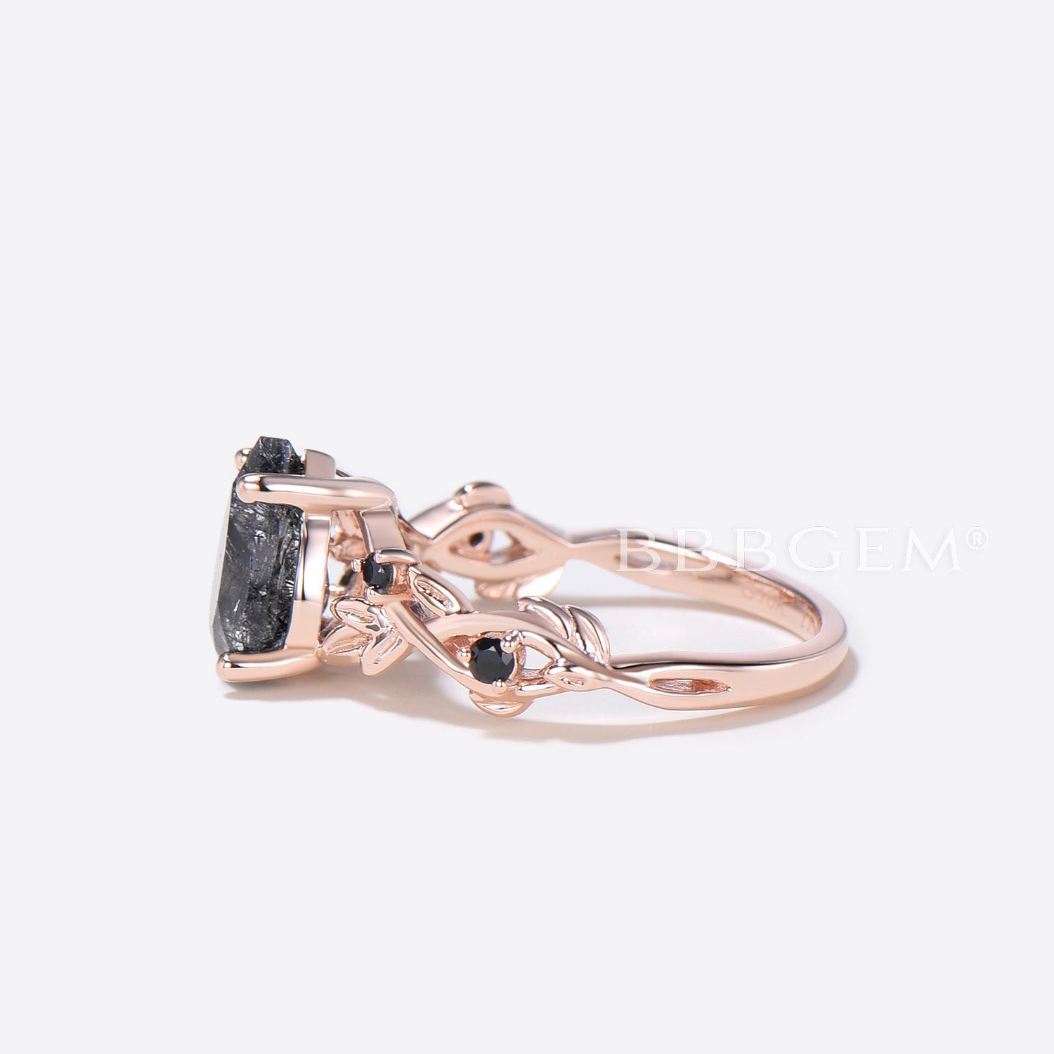Black Rutilated Quartz Pear-Shaped Engagement Ring with Branch Leaf Design - Perfect for Weddings, Proposals & Anniversary Gifts