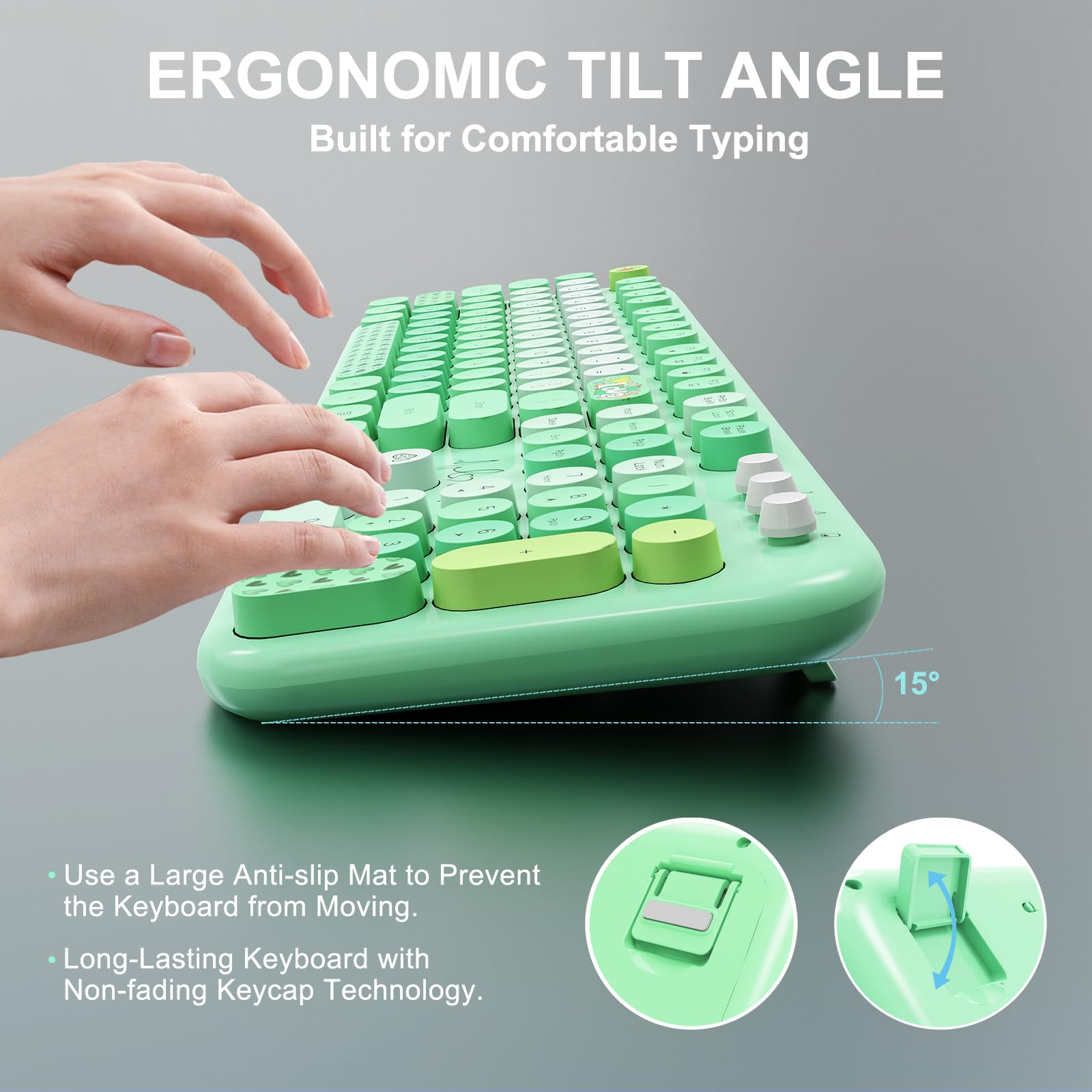 FOPETT Wireless Keyboard Mouse Combo - 2.4G Retro 104-Key for PC/Laptop - Green for Home/Office Use