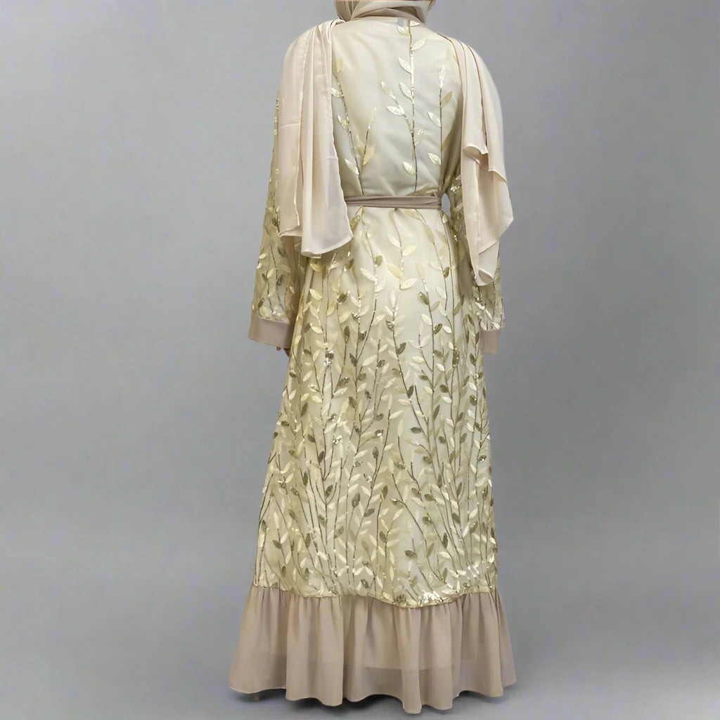 Elegant Leaf Embroidery Lace Open Abaya Dress for Muslim Women | Modest Islamic Clothing | Perfect for Prayer, Eid, Wedding & Special Occasions