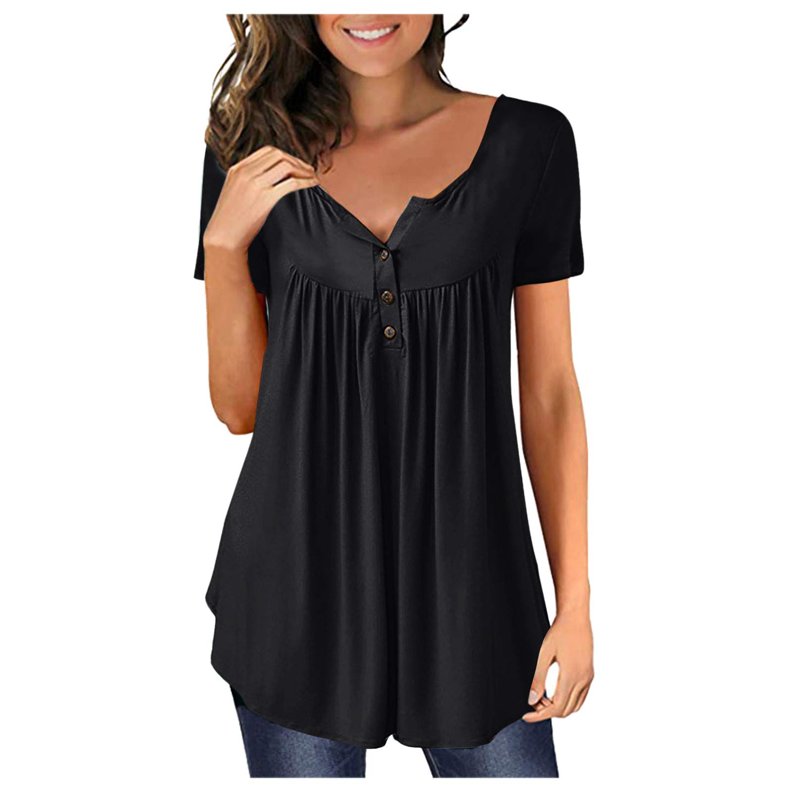 Women's Floral Printed V-Neck Short Sleeve T-Shirt - Soft Flowy Loose Pleated Tunic Top for Summer | Perfect for Casual Outings, Beach Vacations & Date Nights