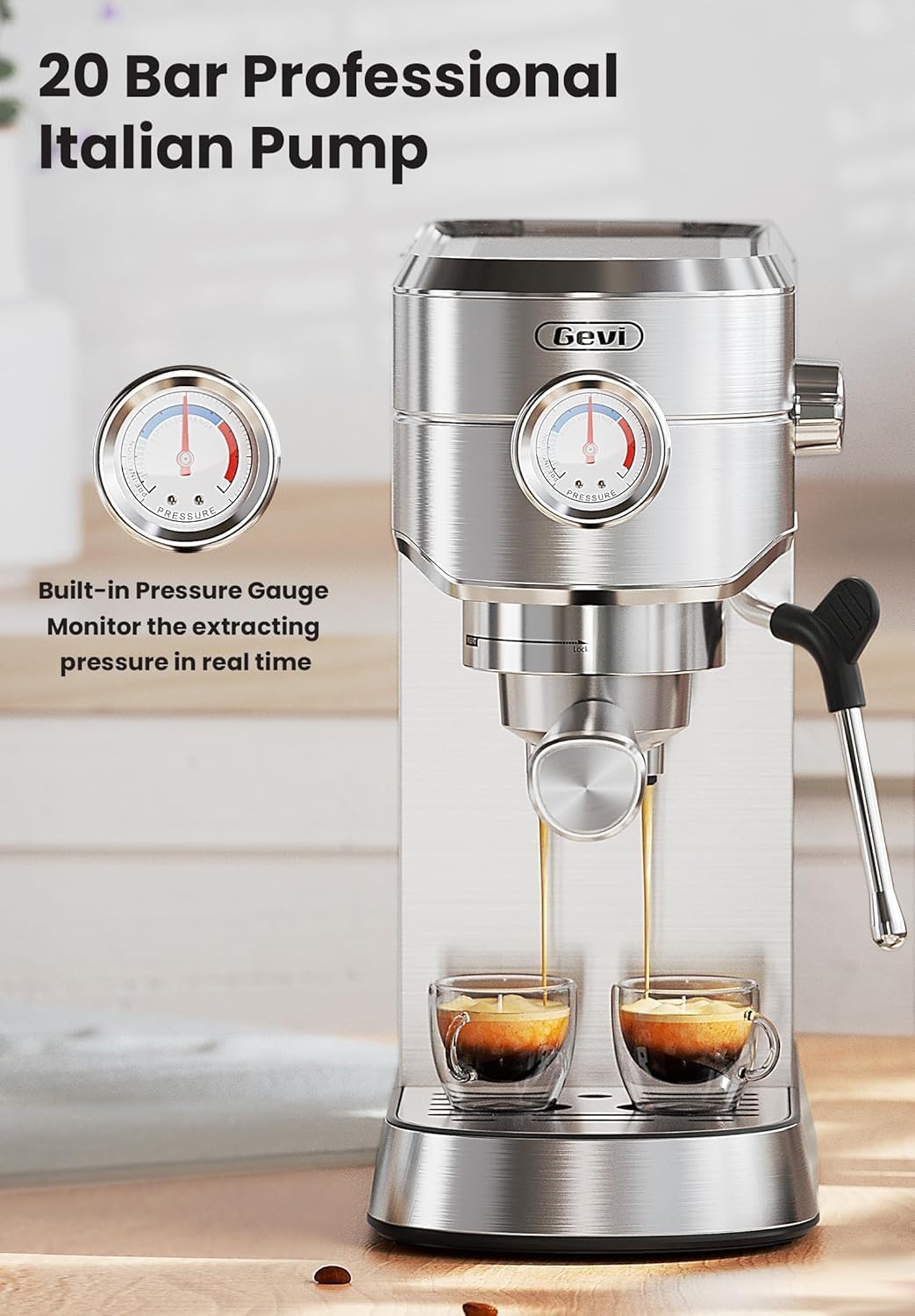 Gevi 20 Bar Professional Espresso Machine with Milk Frother - Stainless Steel Commercial Coffee Maker for Home & Office - Compact Cappuccino/Latte Machine - Perfect for Coffee Shops, Restaurants & Gifts