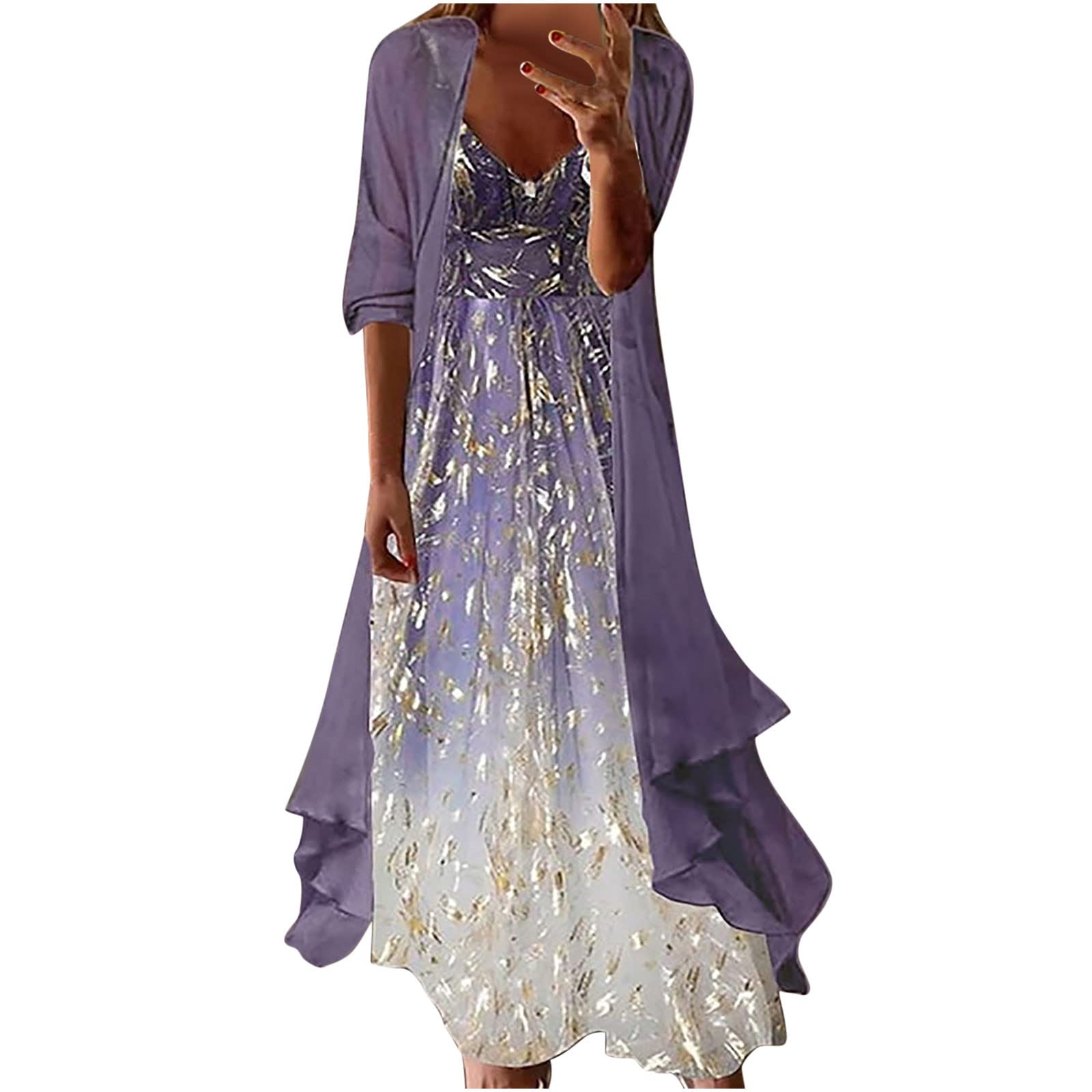 Boho Women's 3/4 Sleeve Two Piece Outfit - Summer & Fall Strappy Maxi Dress Set for Beach Vacations | Perfect for Holiday Getaways, Music Festivals & Tropical Resorts