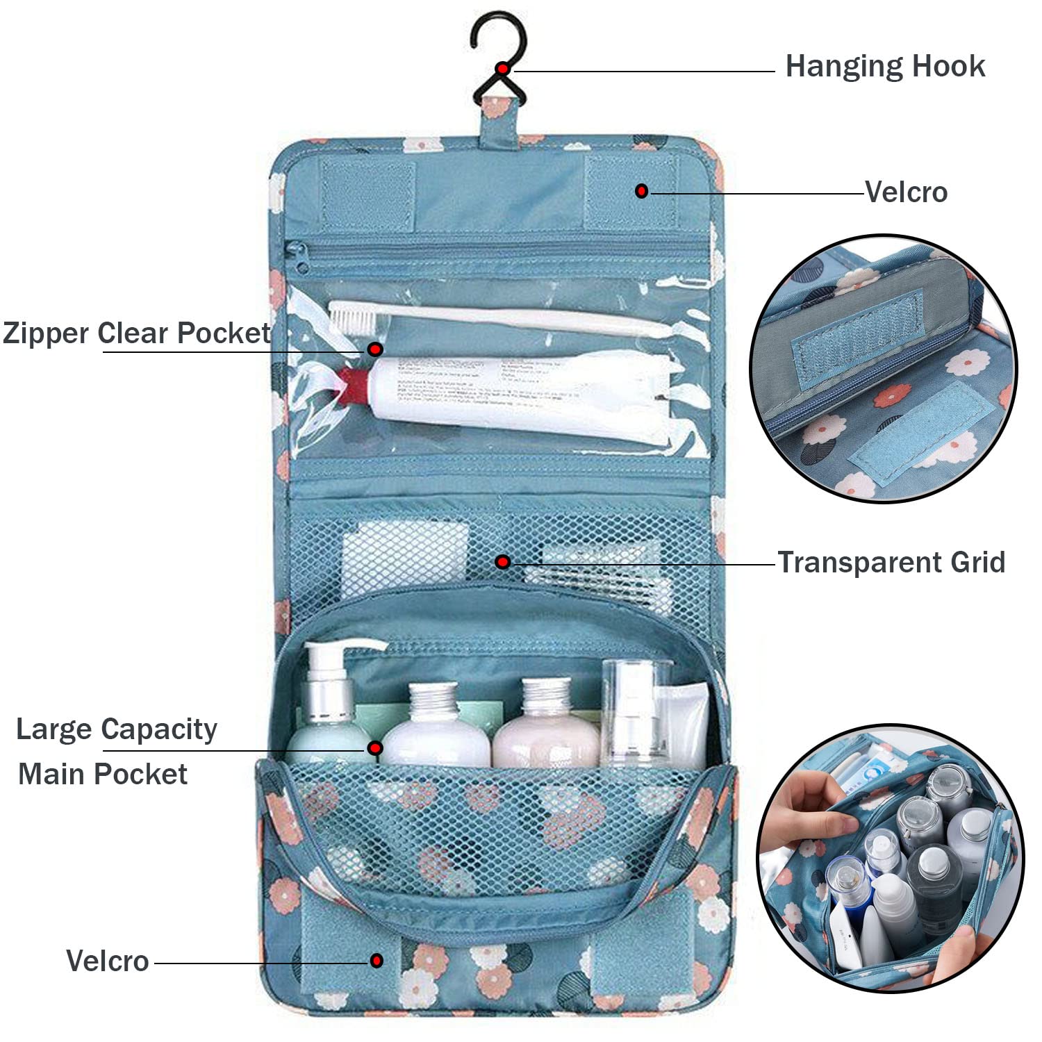 Waterproof Hanging Travel Toiletry Bag for Women - Foldable Cosmetic Organizer with Pink Stripes, Perfect for Makeup, Toiletries & Travel Essentials - Ideal for Vacation, Camping & Gym Use