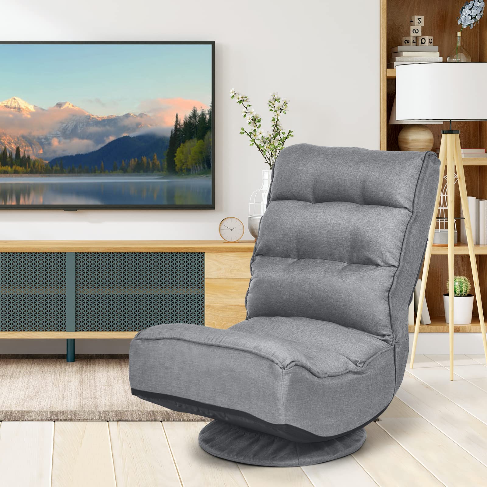 COSTWAY Adjustable 5-Position Folding Floor Chair with 360° Swivel - Ergonomic Gaming & Lounge Chair with Removable Cover & Padded Backrest - Perfect for Living Room, TV Watching, Reading & Video Games (Grey)