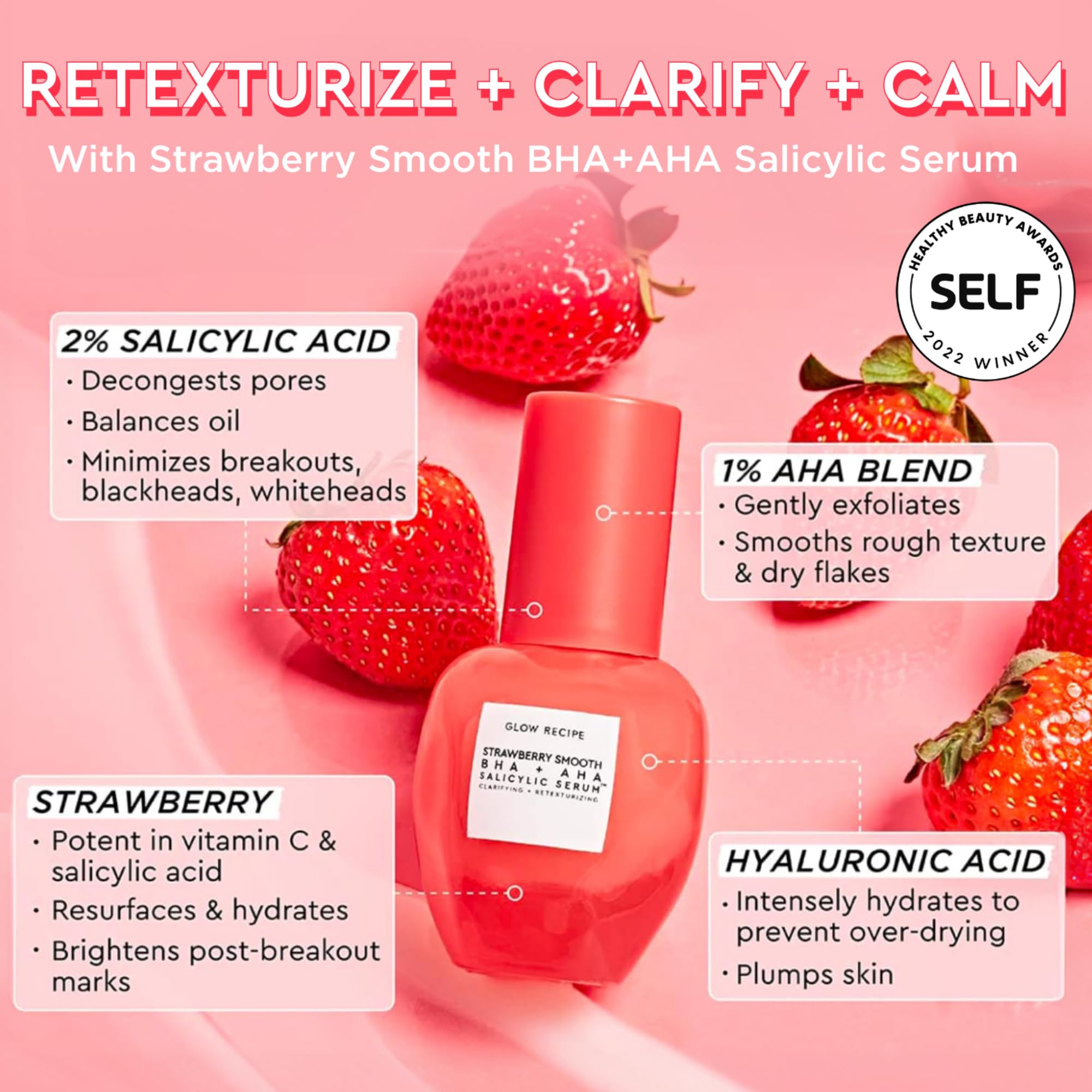 Glow Recipe Strawberry Smoothing Salicylic Acid Serum - Blemish Clarifying & Pore Minimizing Face Treatment with AHA/BHA Exfoliant, Hyaluronic Acid & Allantoin - Korean Skin Care for Acne, Dark Spots & Dullness - 30ml | Perfect for Daily Skincare Routine & Nighttime Skin Repair