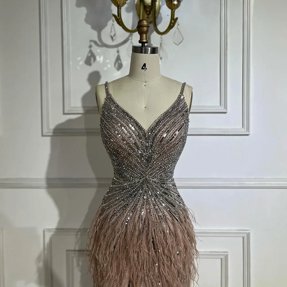 Elegant Arabic Black Feather Beaded Mermaid Evening Gown with High Slit - LA70623 | Formal Dress for Prom, Gala & Special Occasions