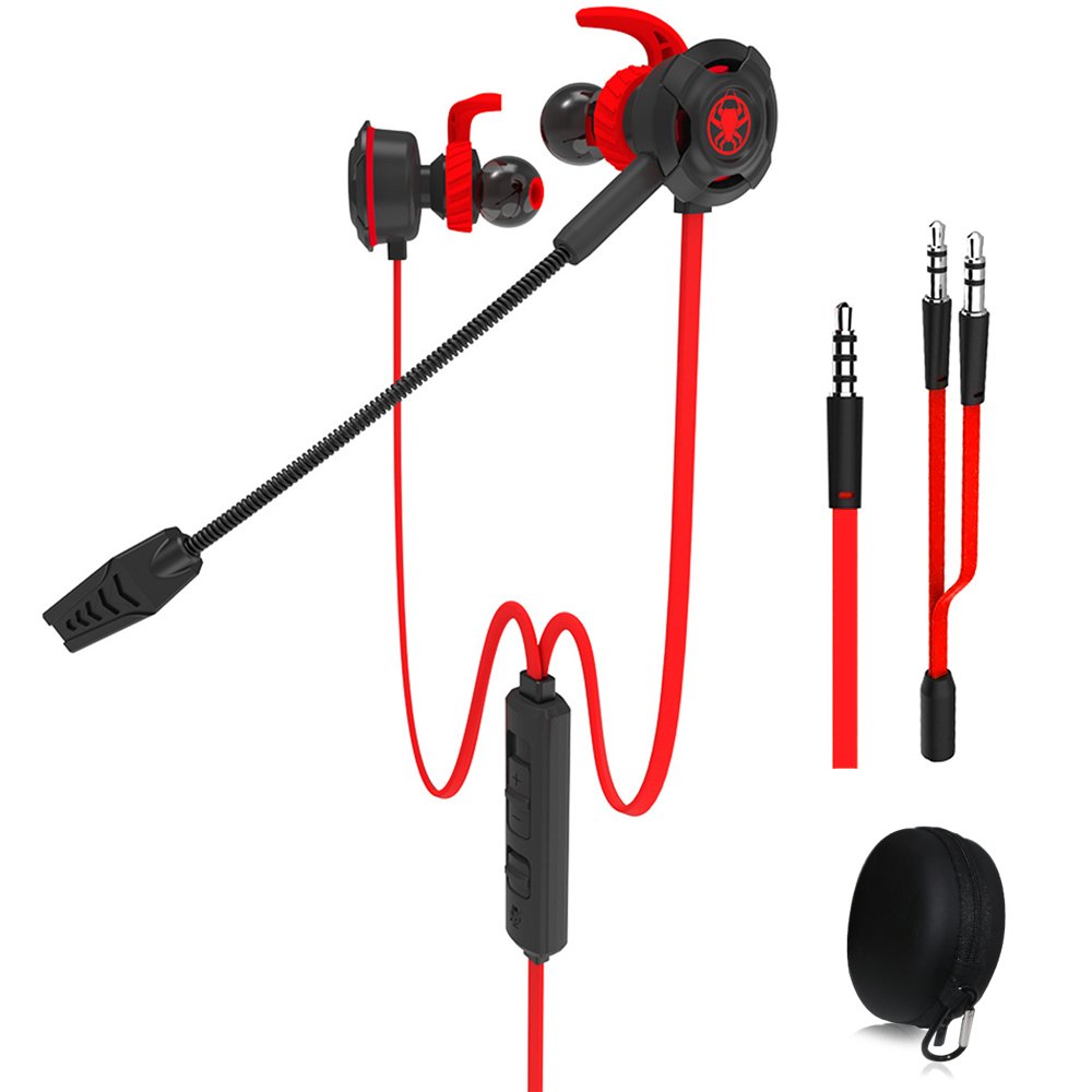 DLAND Wired Gaming Earbuds with Adjustable Mic - Noise Cancelling Headphones for PS4, Xbox, PC, Laptop & Smartphones - Soft Comfort Design, Inline Controls & Portable Case (Red) - Perfect for Esports, Online Gaming & Hands-Free Calling