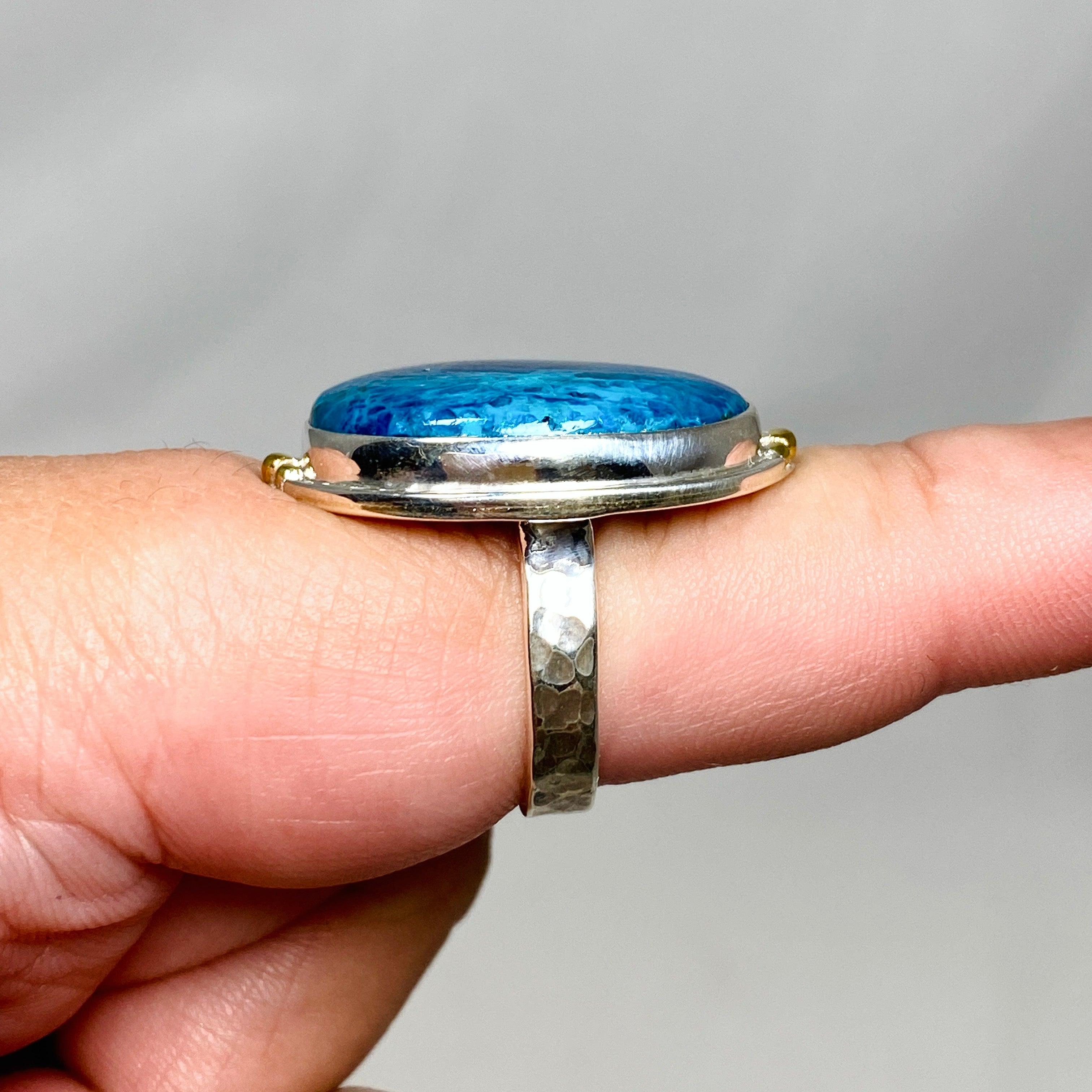 Shattuckite Oval Ring with Brass Accents - Size 9 Blue Gemstone Jewelry KRGJ3227 | Healing Crystal Ring for Meditation & Spiritual Energy