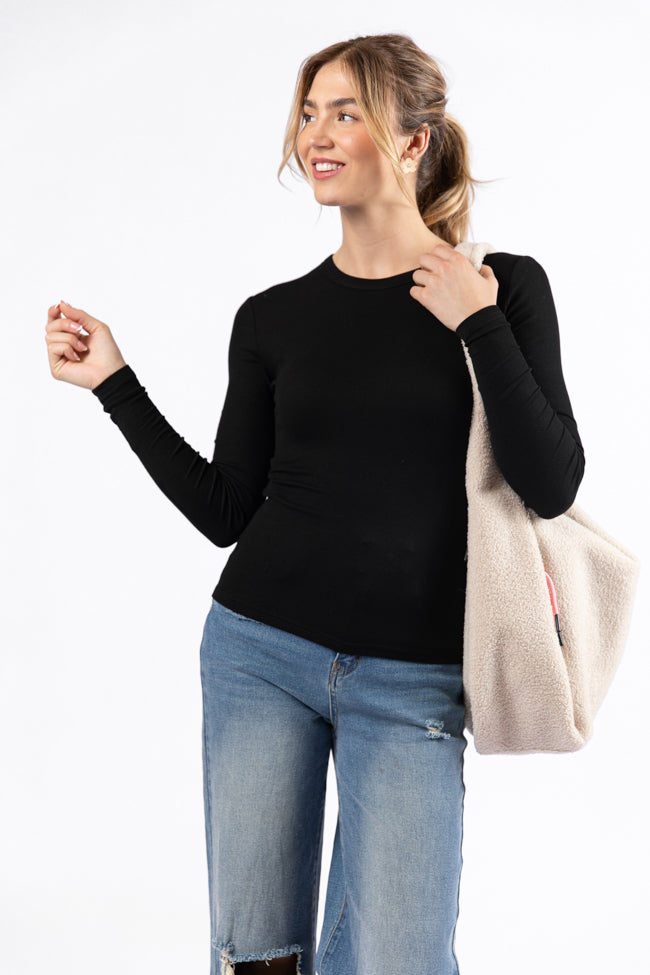 Black Ribbed Long Sleeve Tee for Women - Soft Stretch Cotton Blend Top - Casual & Layering Essential - Perfect for Fall, Winter & Everyday Wear