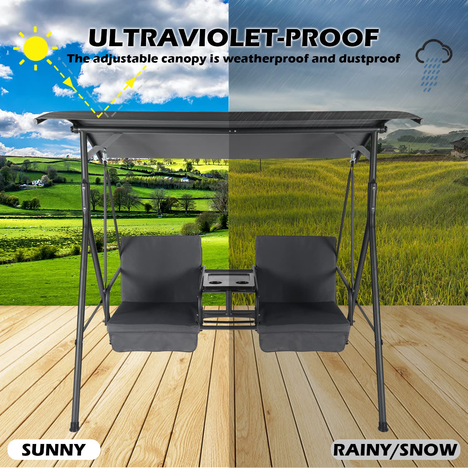 GRAVFORCE 2-Seat Outdoor Porch Swing with Adjustable Canopy, Storage Cooler Bag & Table - Patio Swing Set with Cup Holders for Backyard, Garden, Deck (Gray) - Perfect for Relaxing, Lounging & Outdoor Entertaining