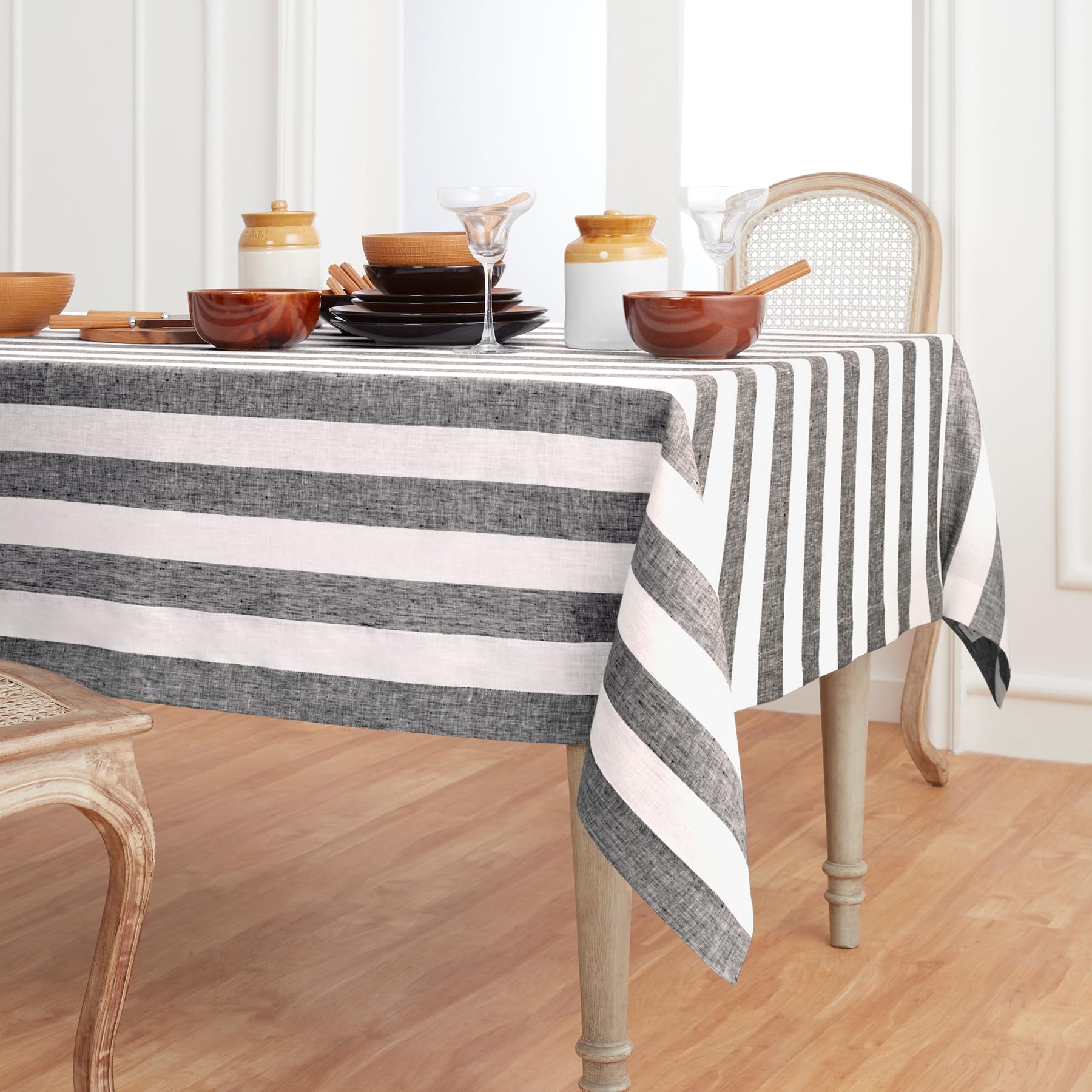 Solino Home 100% Pure Linen Tablecloth 60x108 Inch - Black & White Cabana Stripe Design | Machine Washable & Handcrafted | Perfect for Spring Decor, Easter Table Setting, Mother's Day Gift & Dining Room Elegance