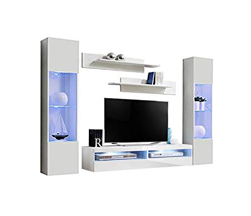 Modern White Wall-Mounted TV Stand with Storage Shelves & LED Lights - 35