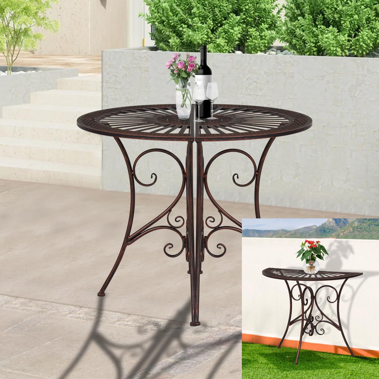 J-SUN-7 Outdoor Bistro Table Set - 2 Half Round Metal Patio Tables in Antique Gold & Black, Retro Side Tables for Garden, Porch, Backyard | Perfect for Outdoor Dining, Coffee Time & Small Space Decor