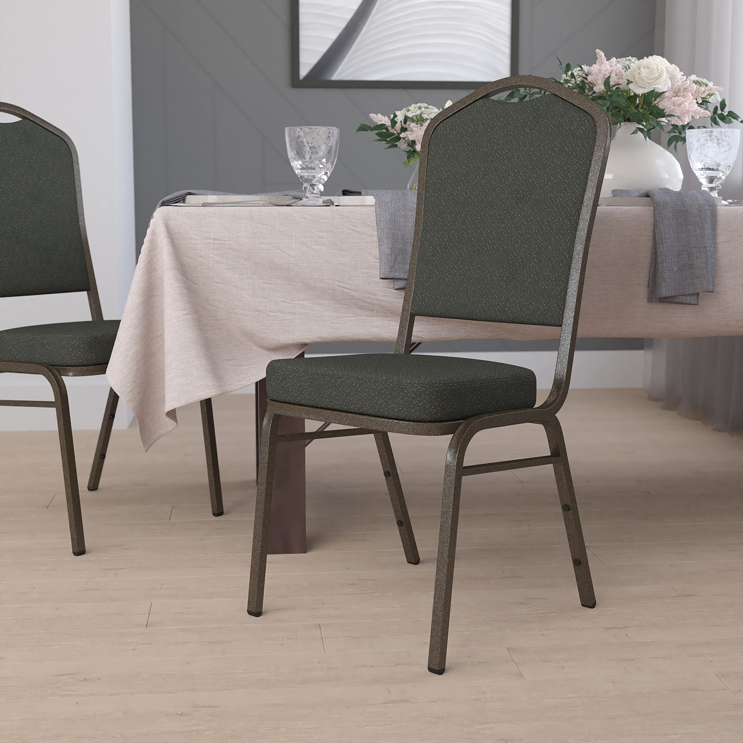 EMMA + OLIVER Crown Back Banquet Chair - Green Patterned Fabric with Gold Vein Frame - Elegant Dining Chairs for Weddings, Events & Home Decor