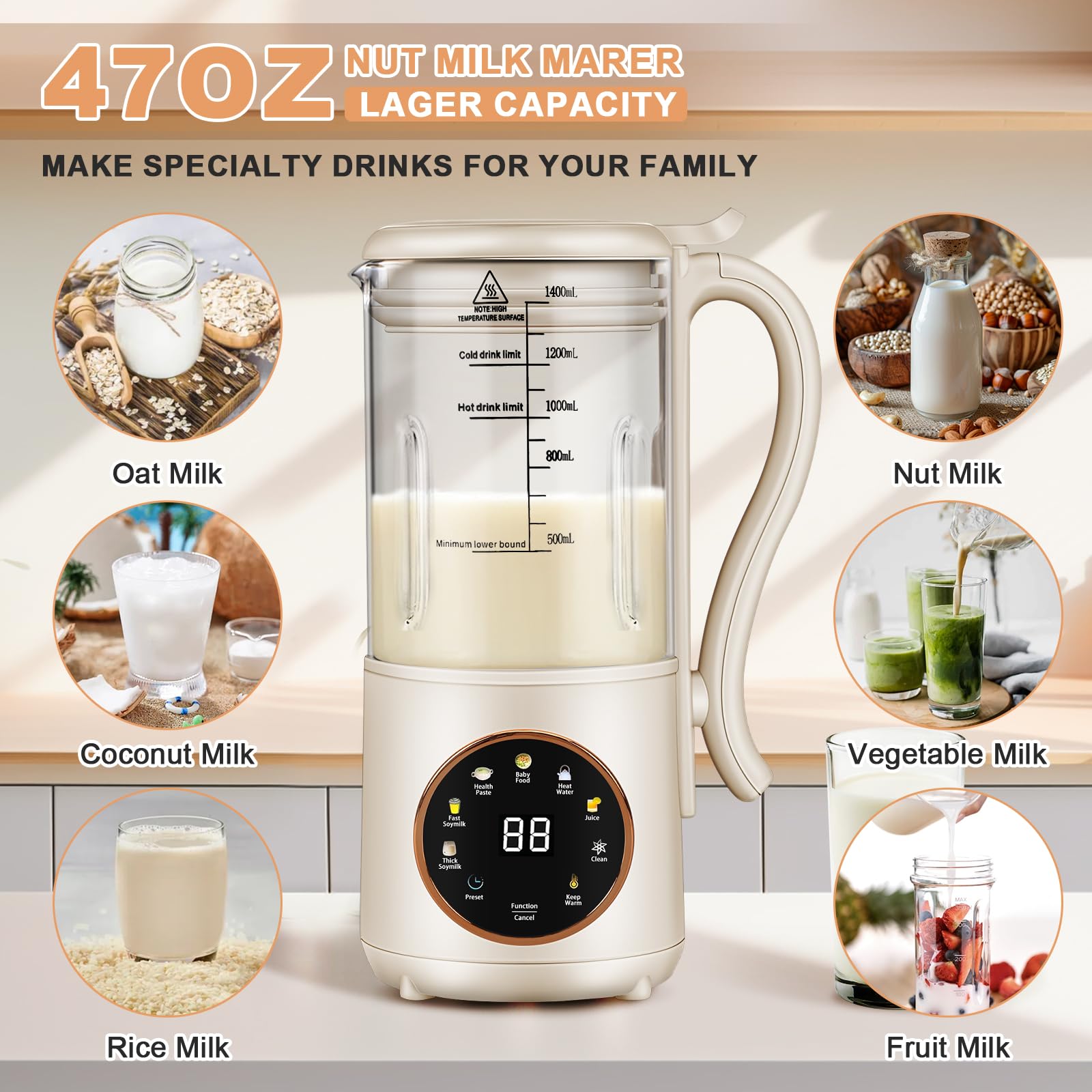 Automatic Nut Milk Maker Machine 47oz (1400ml) - Soy, Oat, Coconut, Almond & Plant-Based Milk Maker with Delay Start, Keep Warm & Boil Water - Perfect for Homemade Baby Food, Vegan Drinks & Healthy Breakfasts