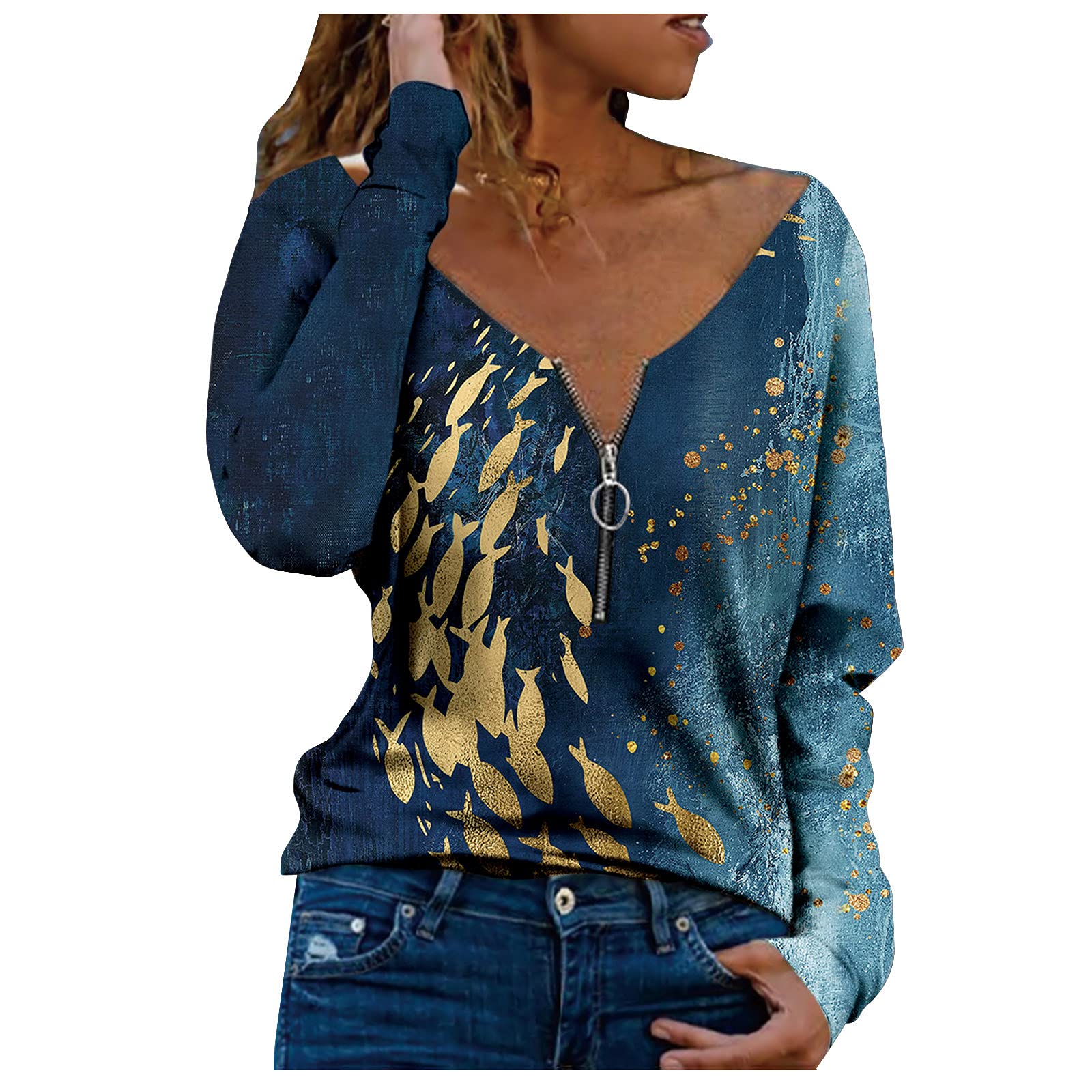 Women's Long Sleeve Fall Tops - Casual Loose V-Neck Graphic T-Shirts & Pullover Sweatshirts for Autumn Layering, Workwear & Weekend Outfits
